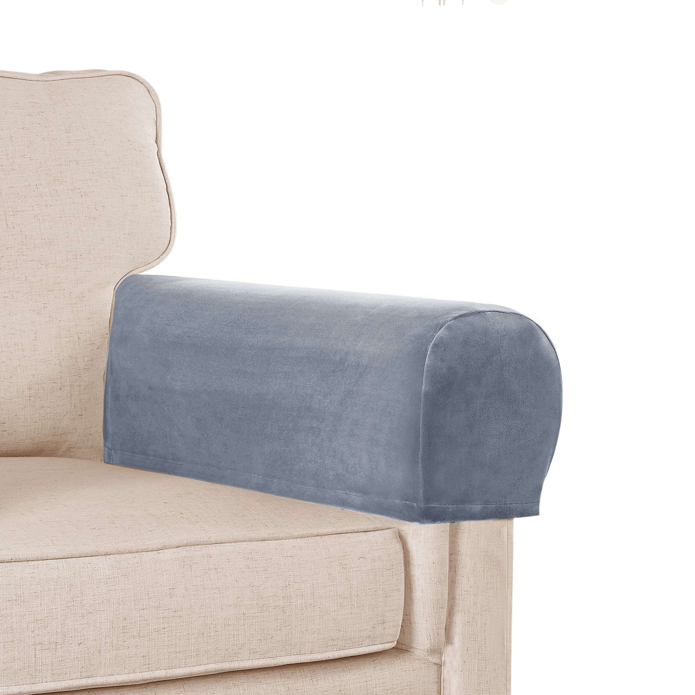 Stretch Velvet Plush Sofa Armrest Covers - Anti-Slip Furniture Protectors for Chairs, Couches & Recliners (Set of 4, Stone Blue) - Perfect for Living Room, Office & Home Decor Protection