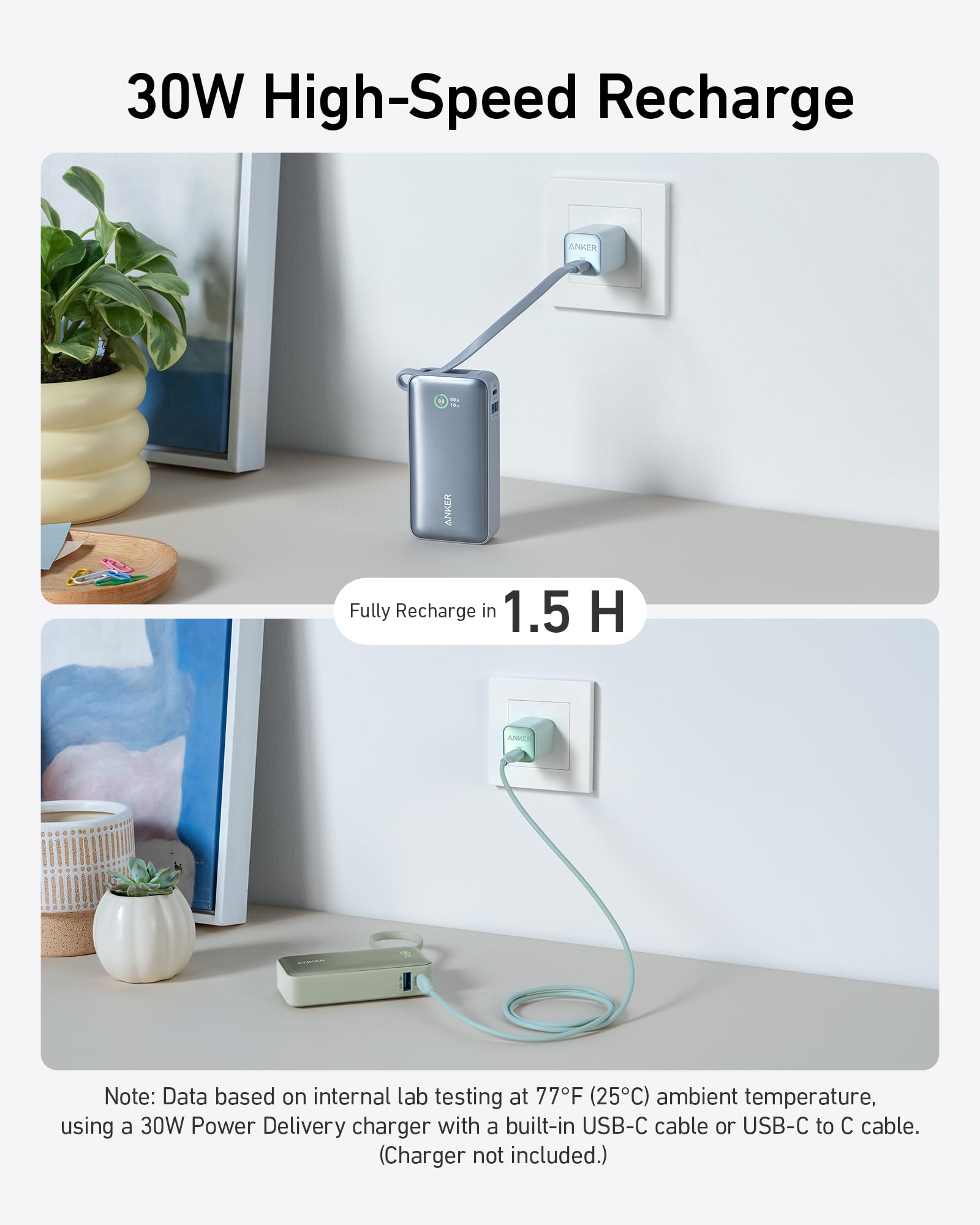 Anker Nano 10,000mAh Power Bank with Built-In USB-C Cable - 30W PD Fast Charging Portable Charger for iPhone 16/15, Samsung Galaxy, iPad, AirPods - Perfect for Travel, Camping & Emergency Power Backup