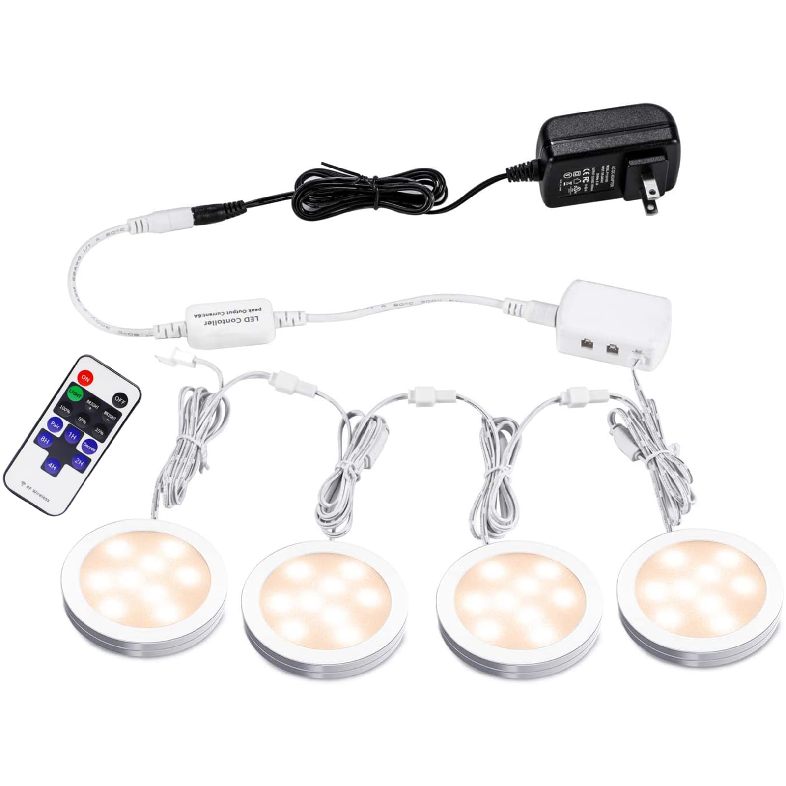 AIBOO Linkable LED Under Cabinet Lights 12V Slim Aluminum Dimmable Puck Lights with RF Remote Control & ETL Listed Power Adapter - Warm White (4 Pack) - Perfect for Kitchen, Display Case, Bookshelf, and Accent Lighting