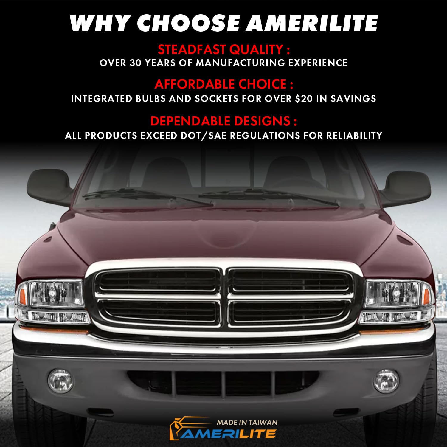 AmeriLite Chrome Replacement Headlights Corner Parking Light Set for Dodge Dakota & Durango - Driver & Passenger Side - High Visibility & Durable for Night Driving & Off-Road Adventures