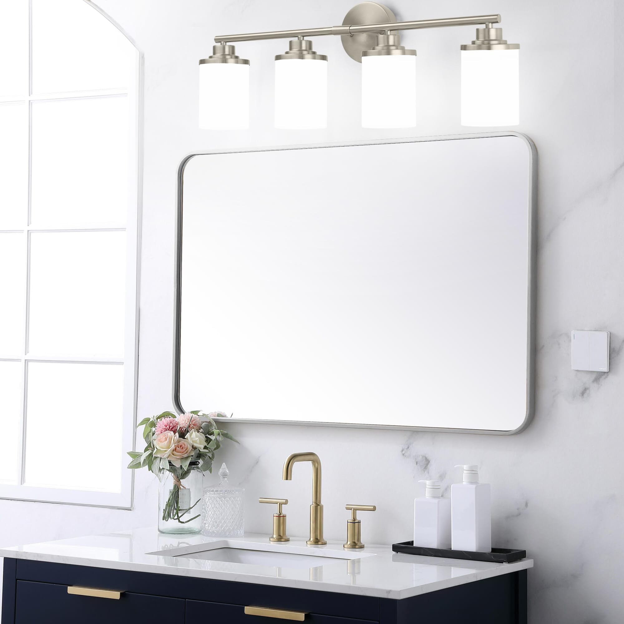 Modern Brushed Nickel Bathroom Vanity Light Fixture - 4-Light Frosted Glass Sconce for Mirror Lighting, Perfect for Bathroom, Powder Room & Dressing Room Makeup Area