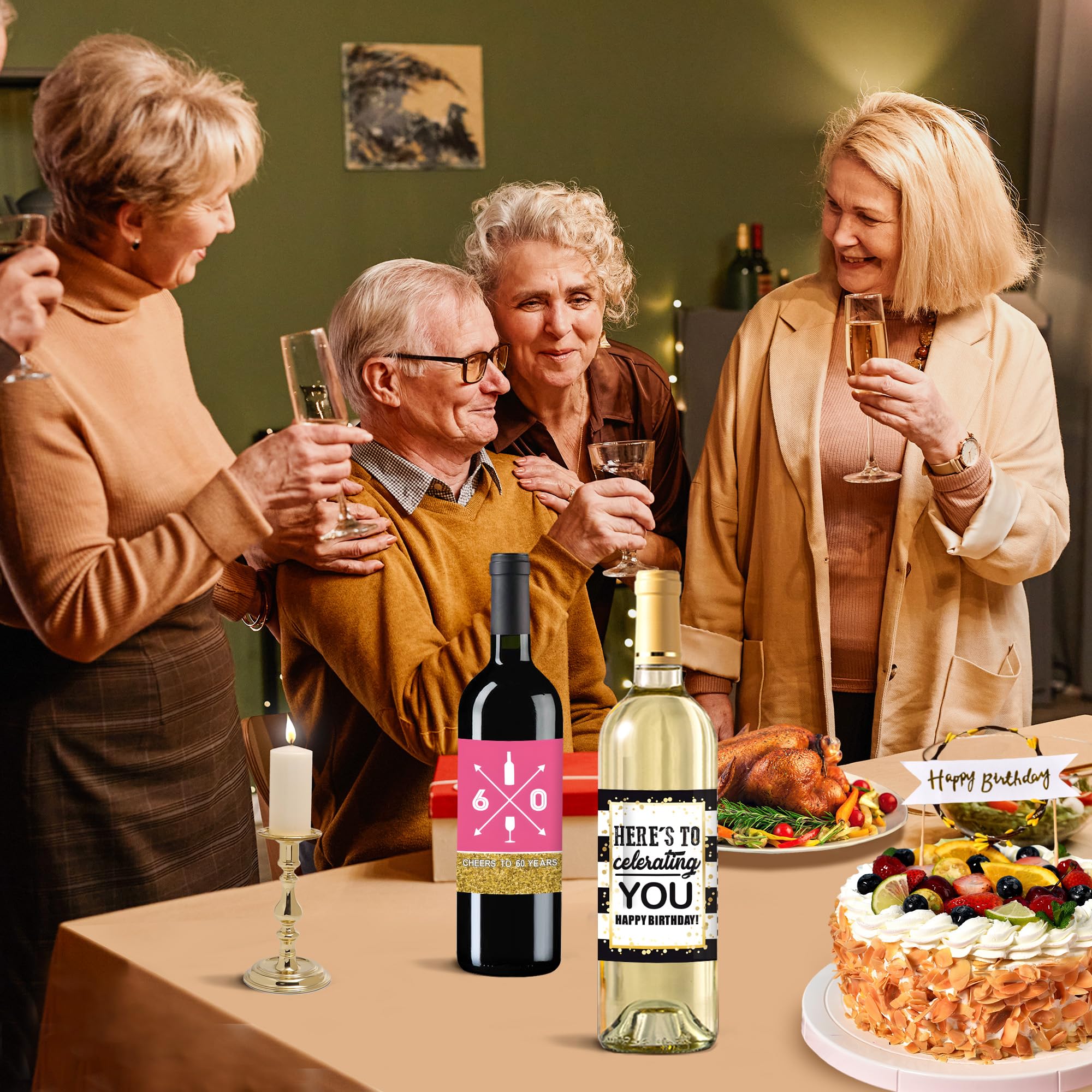 VIDELLY 12-Pack Custom 60th Birthday Wine Bottle Labels - Personalized Waterproof Stickers for Women, Black Gold & Pink Party Decor - Perfect for Milestone Celebrations, Retirement Gifts & Anniversary Parties
