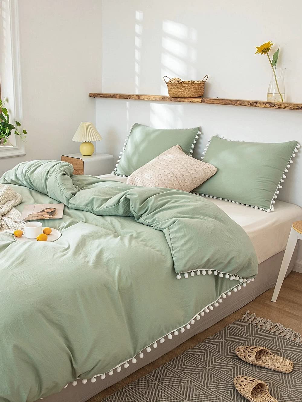 Sage Green and White Pom Pom Cotton Fringe Tassel Duvet Cover - 100% Cotton Button Closure Bedding Set for Twin, Full, Queen & King Size (Small Single) - Perfect for Boho Chic, Farmhouse & Coastal Bedroom Decor