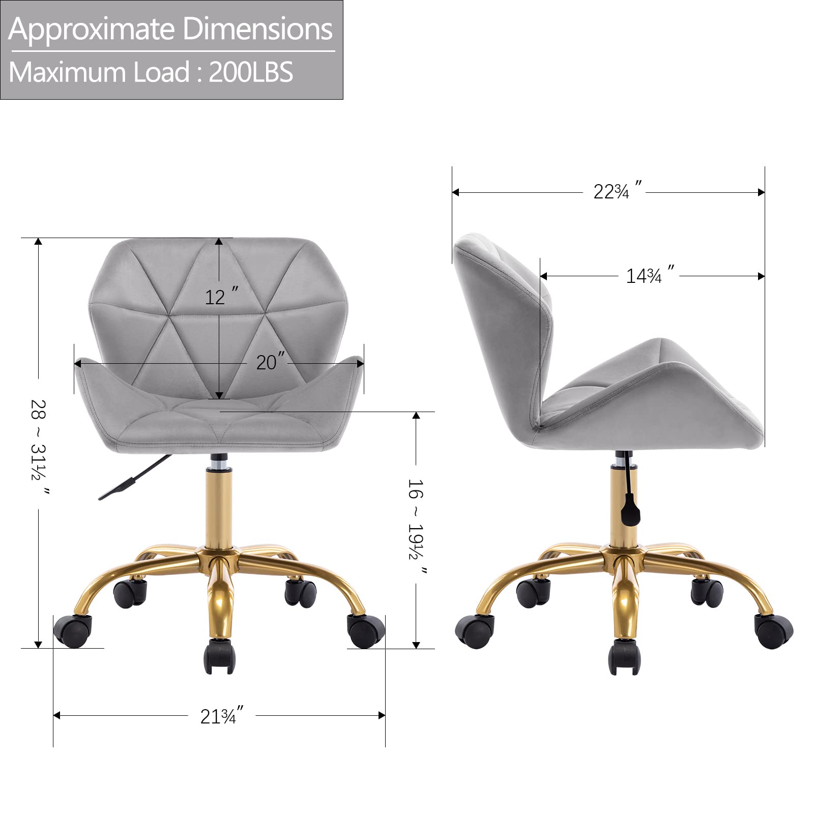 DUHOME Velvet Swivel Desk Chair - Armless Hydraulic Rolling Office Chair with Backrest & Golden Base for Women, Teens, Girls - Grey Home Office Furniture for Study, Work, Gaming & Relaxation