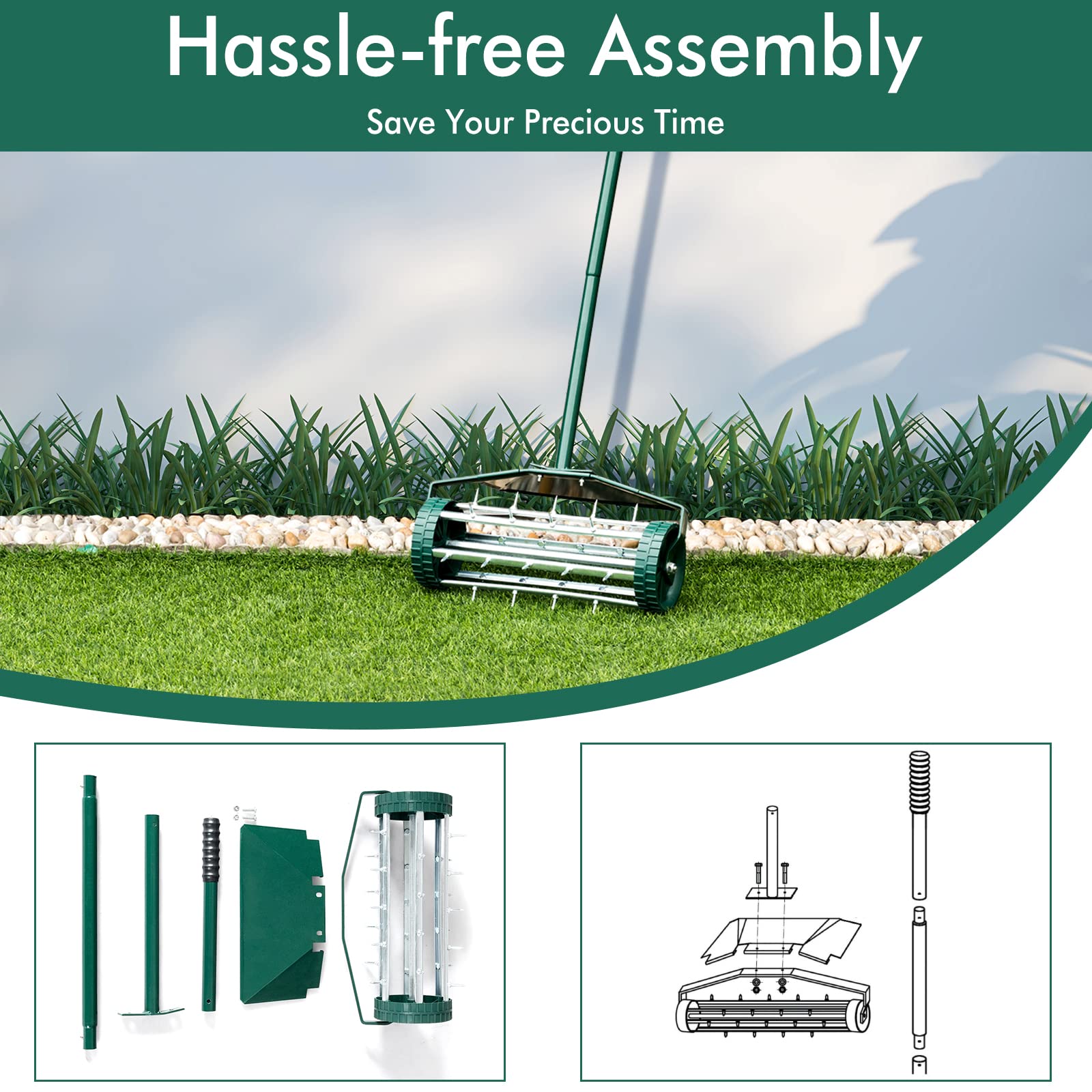 HappyTools Rolling Lawn Aerator - Manual Grass Dethatcher with 50