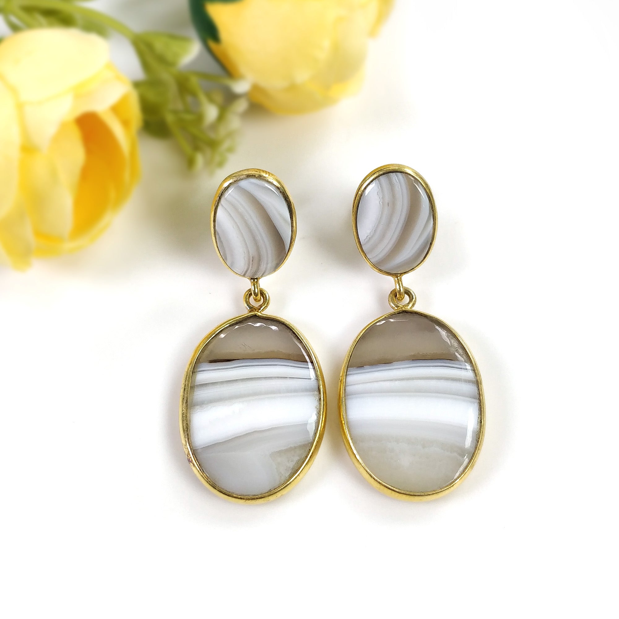 BOTSWANA AGATE Gemstone Earrings - 925 Sterling Silver Gold Plated Drop Dangle Earrings for Women | Natural Stone Bezel Set Push Back Earrings 1.9
