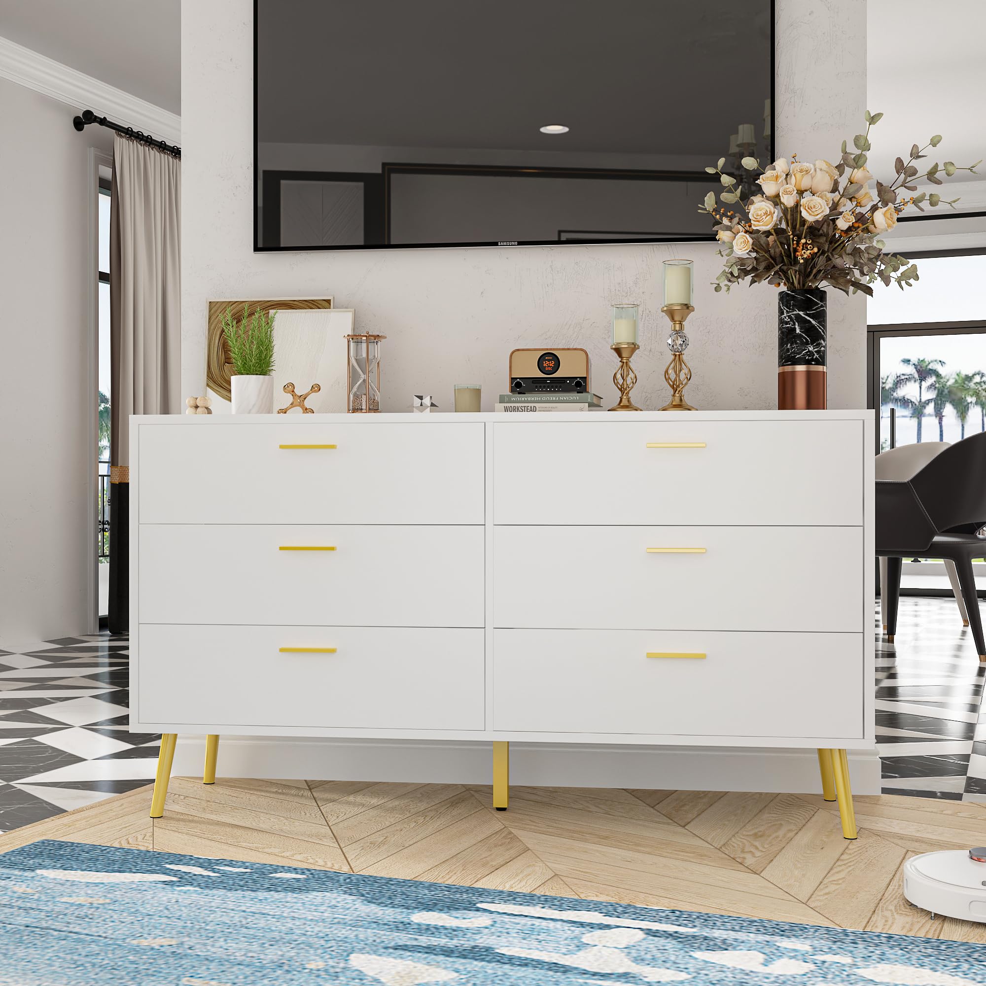 Homsee 6-Drawer Double Dresser - White Wooden Storage Chest with Gold Metal Legs, 54