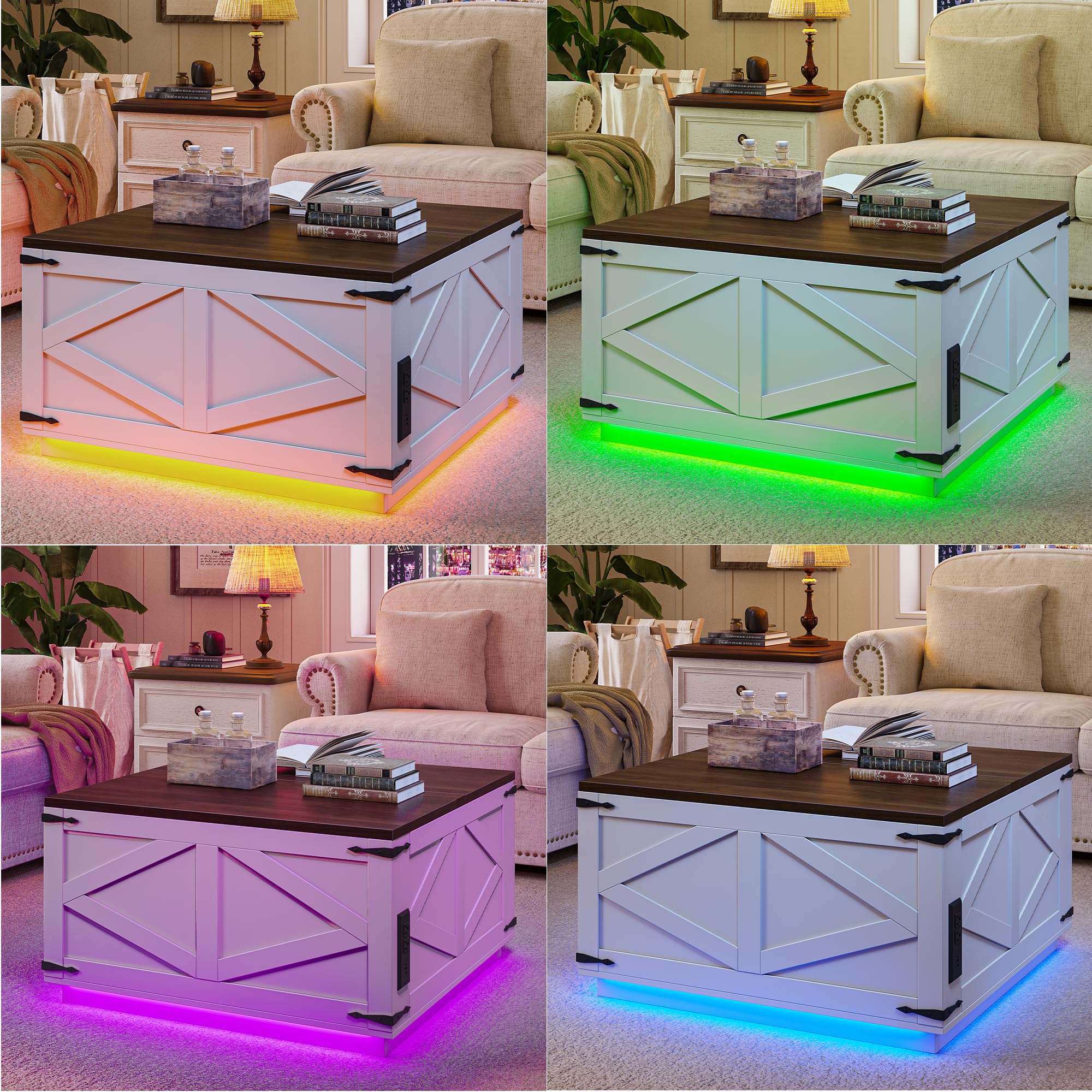 Rustic Lift Top Coffee Table with Storage & LED Light - Farmhouse Square Wood Center Table with Charging Station & Hidden Compartment - Perfect for Living Room, Family Gatherings & Home Decor (White)