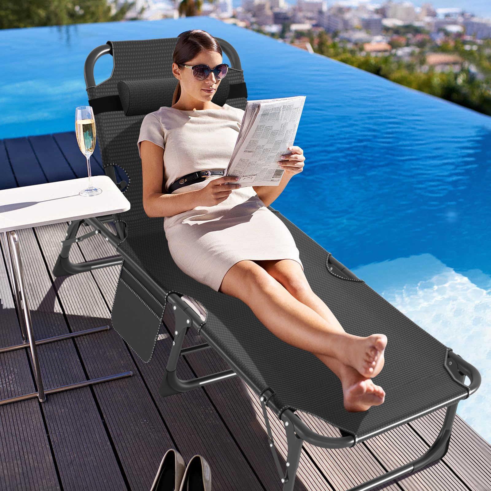ABORON 5-Position Adjustable Folding Camping Cot for Adults - Portable Outdoor Sleeping Bed, Reclining Lounge Chair with Pillow for Beach, Lawn, Camping, Pool & Sunbathing - Heavy Duty & Compact Design