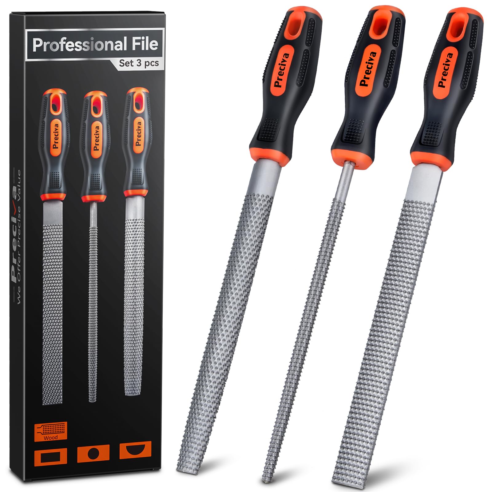 Preciva 3-Piece High Carbon Steel Wood Rasp File Set - Flat, Round & Half Round Files for Woodworking, Carving & DIY Projects | Perfect for Wood Shaping, Smoothing & Finishing