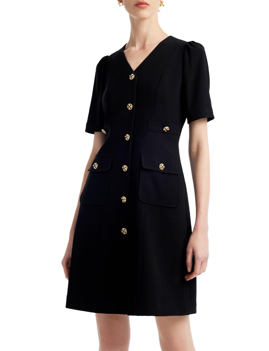 Women's Triacetate Black Mini Dress - Business Casual A-Line V-Neck Button Front Dress for Work, Office & Teaching | Perfect for Professional Meetings, Office Parties & Smart Casual Occasions