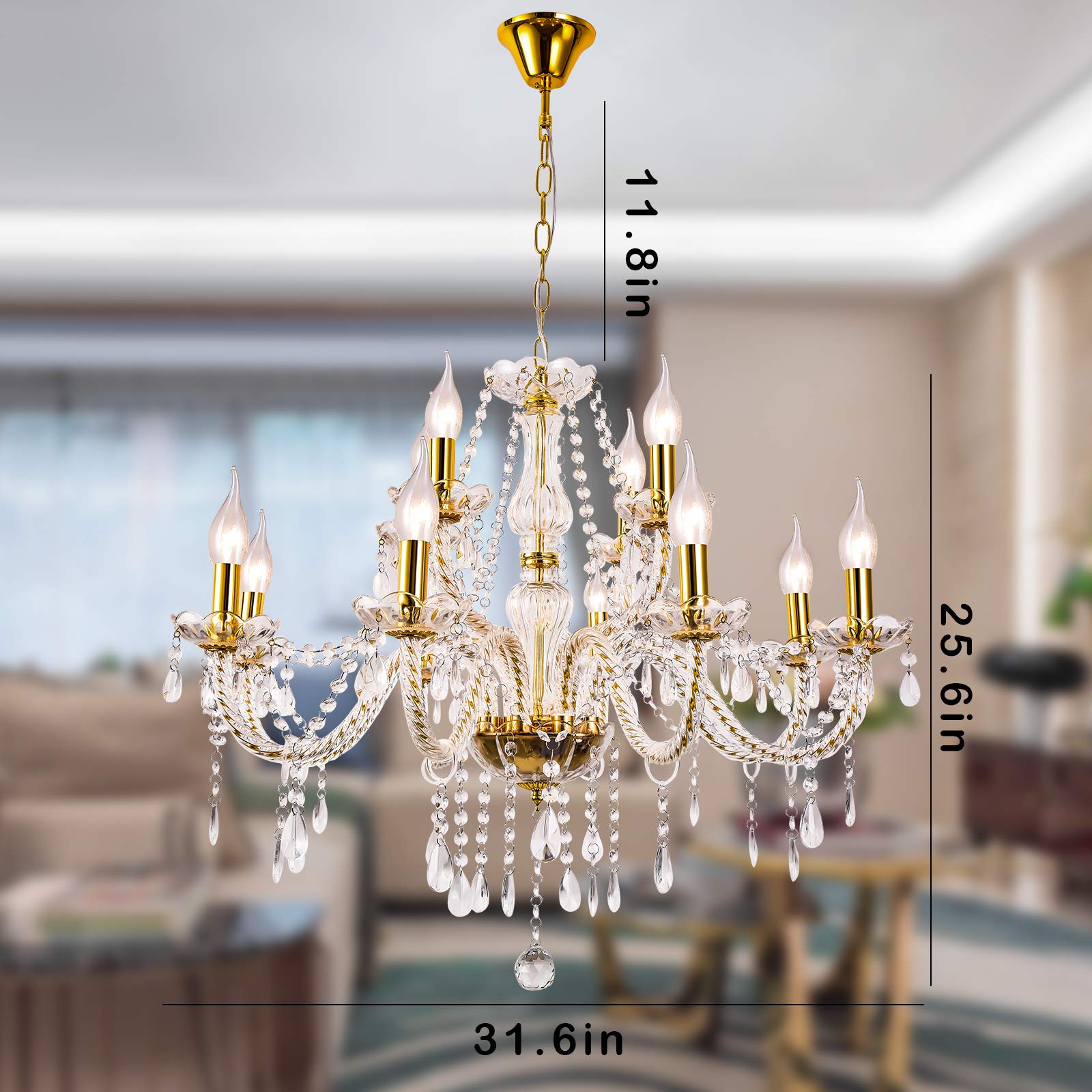 Panghuhu88 K9 Crystal Chandelier - 12-Light Modern Pendant Ceiling Fixture with Clear Prisms for Dining Room, Living Room, Bedroom & Entryway - Elegant Lighting for Home Decor & Special Occasions (Includes 12 Bulbs)