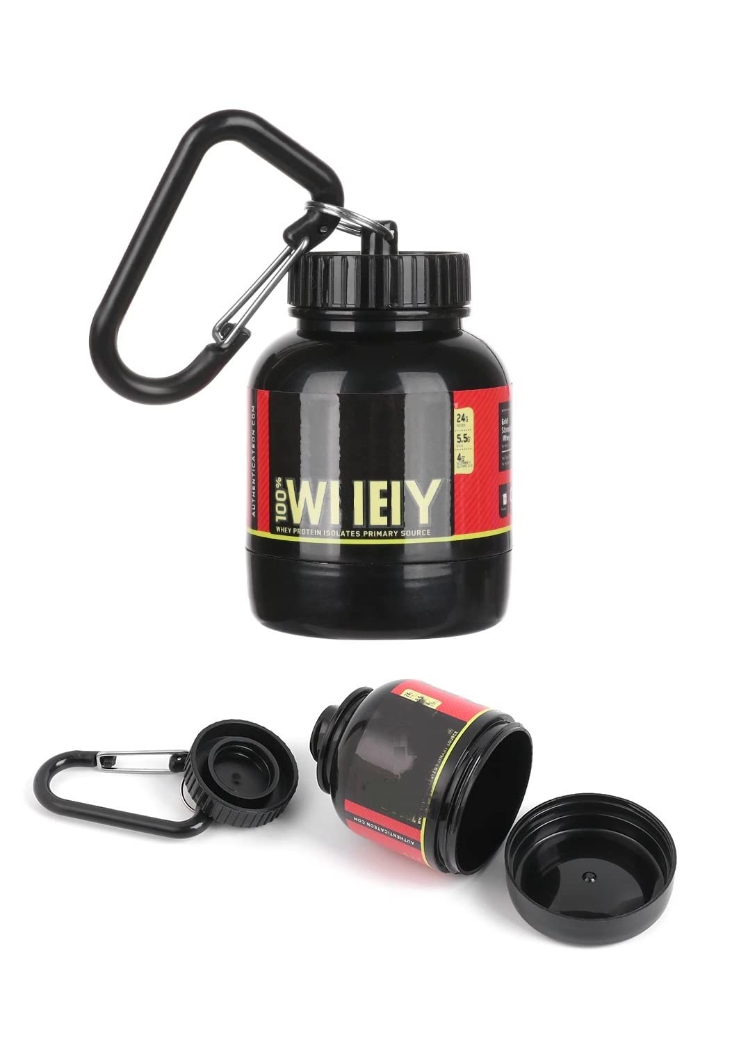 Omana Protein Powder Storage Container - 100ml Portable Supplement Powder Jar with Funnel & Keychain for Gym, Travel, Workout & Fitness - 30g Black Protein Shaker for Pre/Post Workout & On-the-Go Nutrition