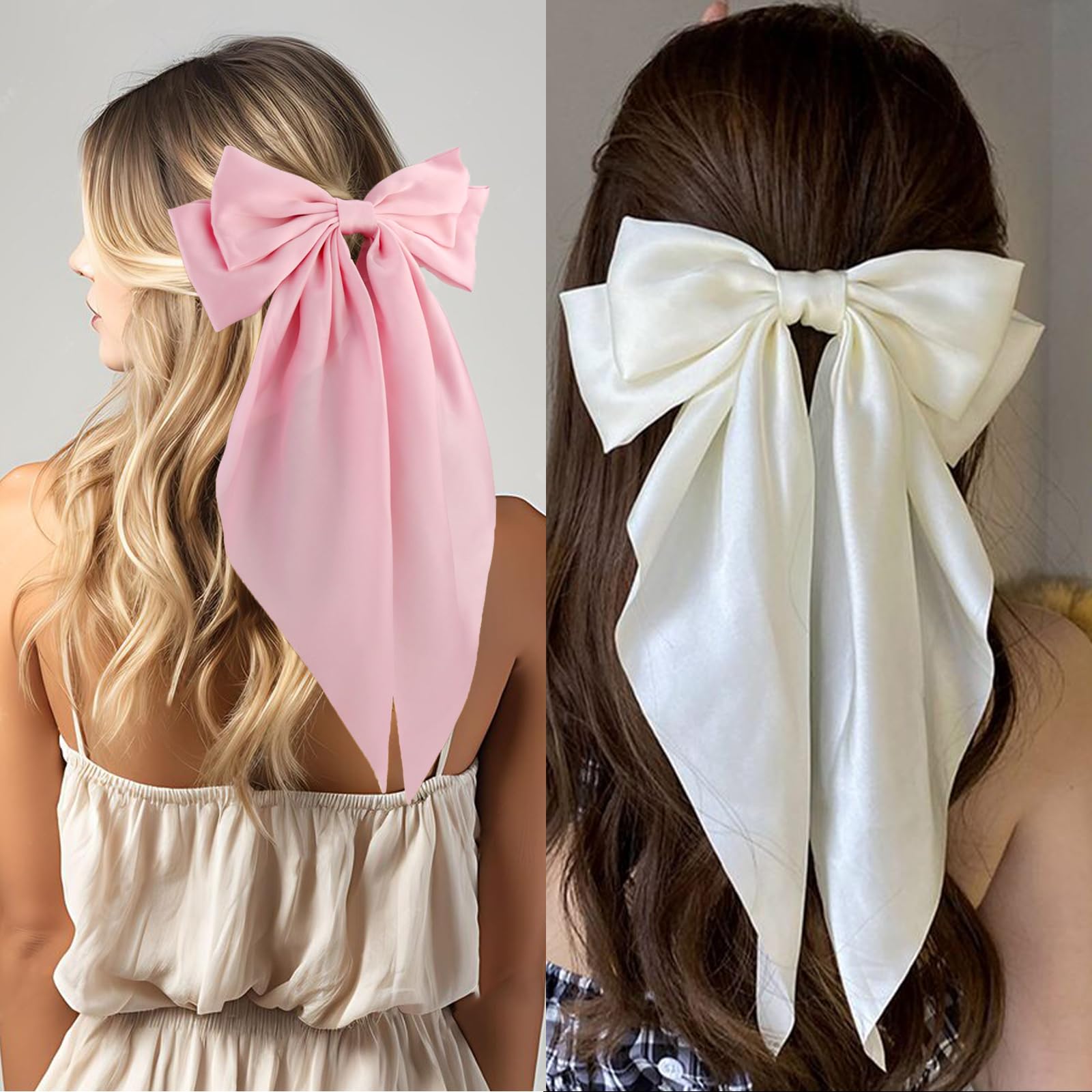 3PCS Large Satin Hair Bows for Women - Oversized Bow Hair Clips with Long Tail, Silky Hair Barrettes & Claw Clips - Elegant Hair Accessories for Parties, Weddings & Daily Styling