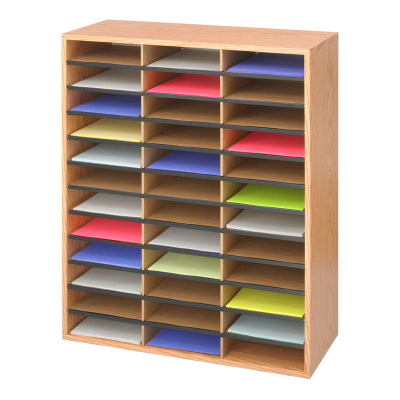36 Compartment Wooden or Corrugated Literature Organizer - Perfect for Office, Classroom, and Home Document Storage
