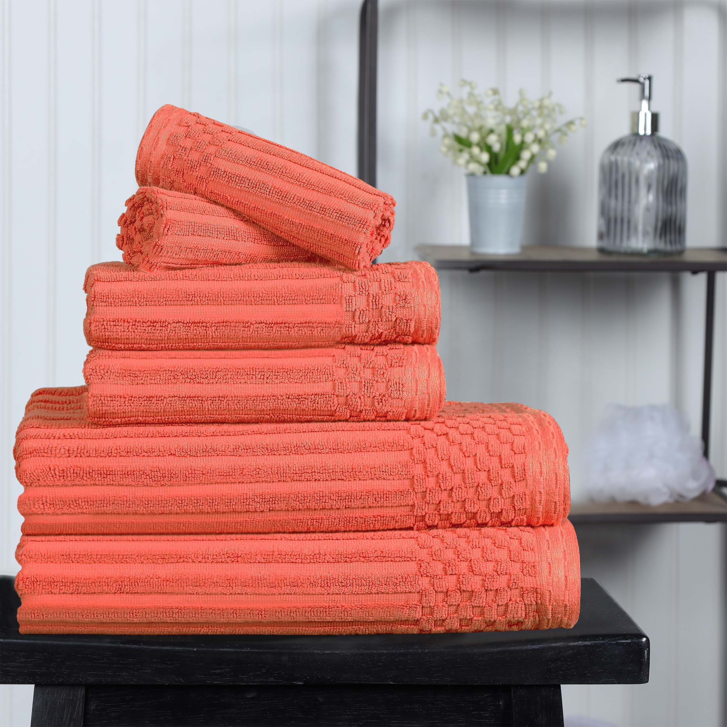 Premium 6-Piece Cotton Ribbed Textured Towel Set - Medium Weight, Soft & Absorbent Bath Towels for Spa, Gym, and Everyday Use