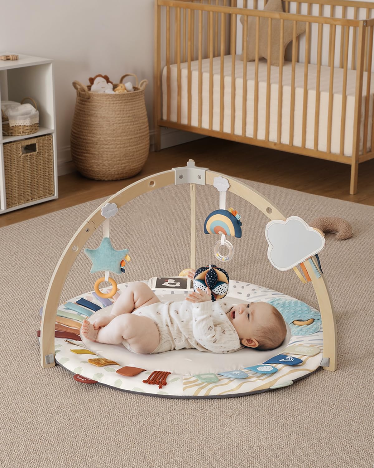 Blissful Diary Baby Play Gym & Activity Mat - 5 Developmental Zones Wooden Tummy Time Mat with 6 Detachable Sensory Toys for Infant Motor Skills & Sensory Development | Newborn Essentials, Baby Shower Gift for Boys & Girls | Perfect for Nursery, Playtime & Learning Activities