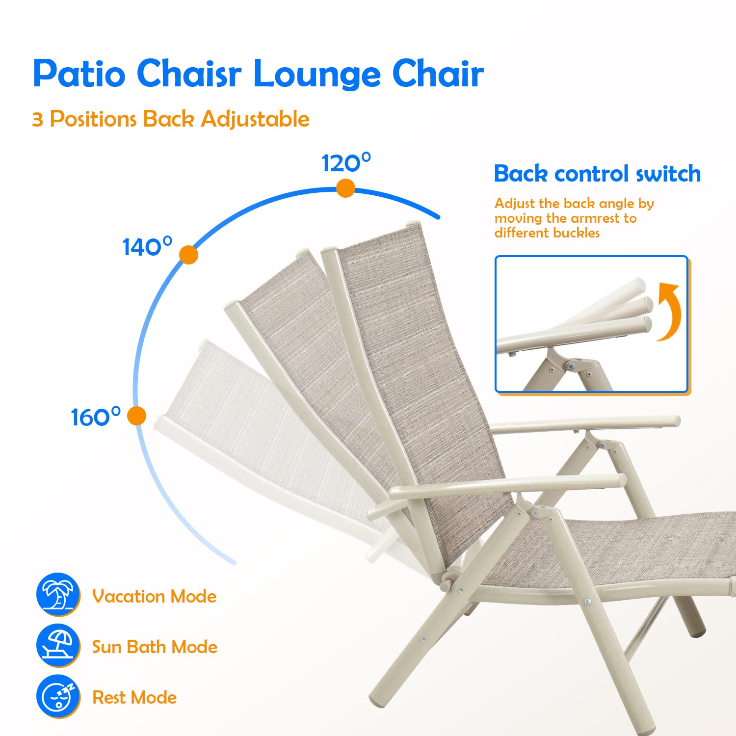 Devoko Adjustable Recliner Lounge Chairs Set of 2 - Outdoor Patio Chaise Lounge, Foldable Poolside Sunbathing Chair for Garden, Beach & Backyard (Beige) | Perfect for Relaxing by the Pool, Reading in the Garden or Sunbathing at the Beach