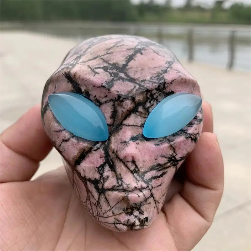 Natural Polished Rhodonite Crystal Alien Skull Carving - Healing Stone for Reiki, Feng Shui Decor, Unique Mineral Specimen Gift for Collectors & Spiritual Healing - Perfect for Meditation Spaces, Home Decor & Crystal Healing Practices