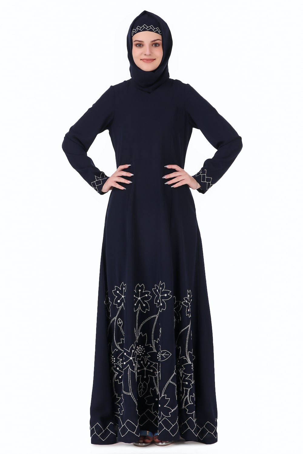 Elegant Floral Geo Embroidery Navy Blue Abaya Dress for Women - Perfect for Islamic Prayer, Special Occasions & Modest Fashion