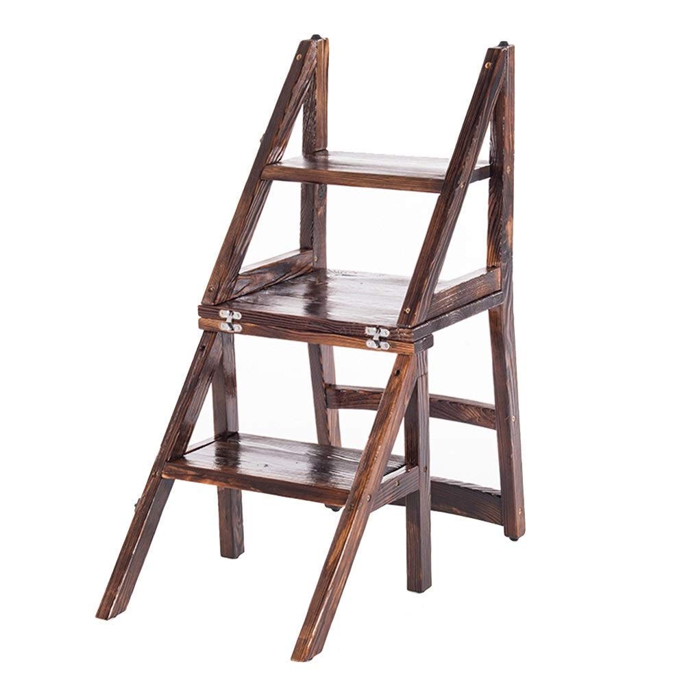 ZKS-KS Double Step Stool Ladder - Wooden Folding Step Stool & Dining Chair - Carbonized Finish (45x54x87cm) - Perfect for Kitchen, Restaurant, and Home Use - Space-Saving Multi-Purpose Stool for Reaching High Shelves and Extra Seating