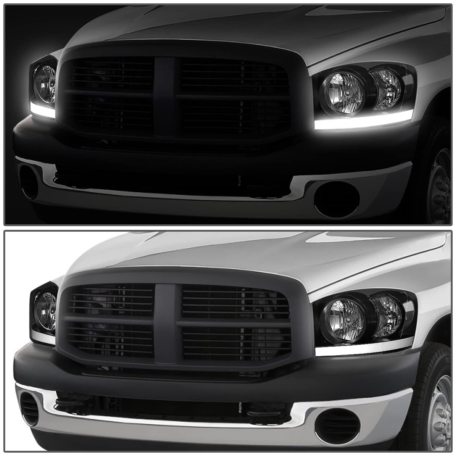 DNA MOTORING Black Headlights for 06-09 Dodge Ram - LED Light Bar Replacement for Off-Road & Night Driving