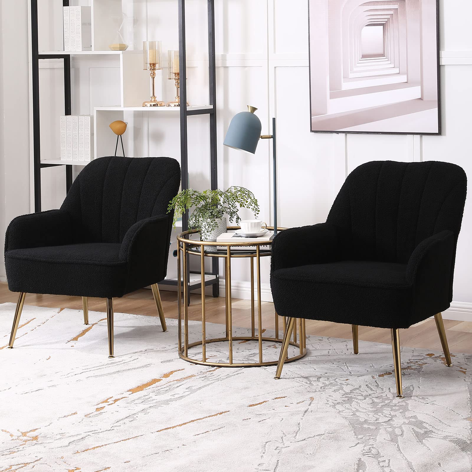 Modern Accent Chair Set of 2 - Plush Teddy Furry Upholstered Armchairs with Sherpa Fabric & Gold Metal Legs, Comfy Living Room Chairs for Reading Nook, Bedroom Seating or Home Office (Black) - Perfect for Cozy Lounging, Relaxation & Stylish Home Decor