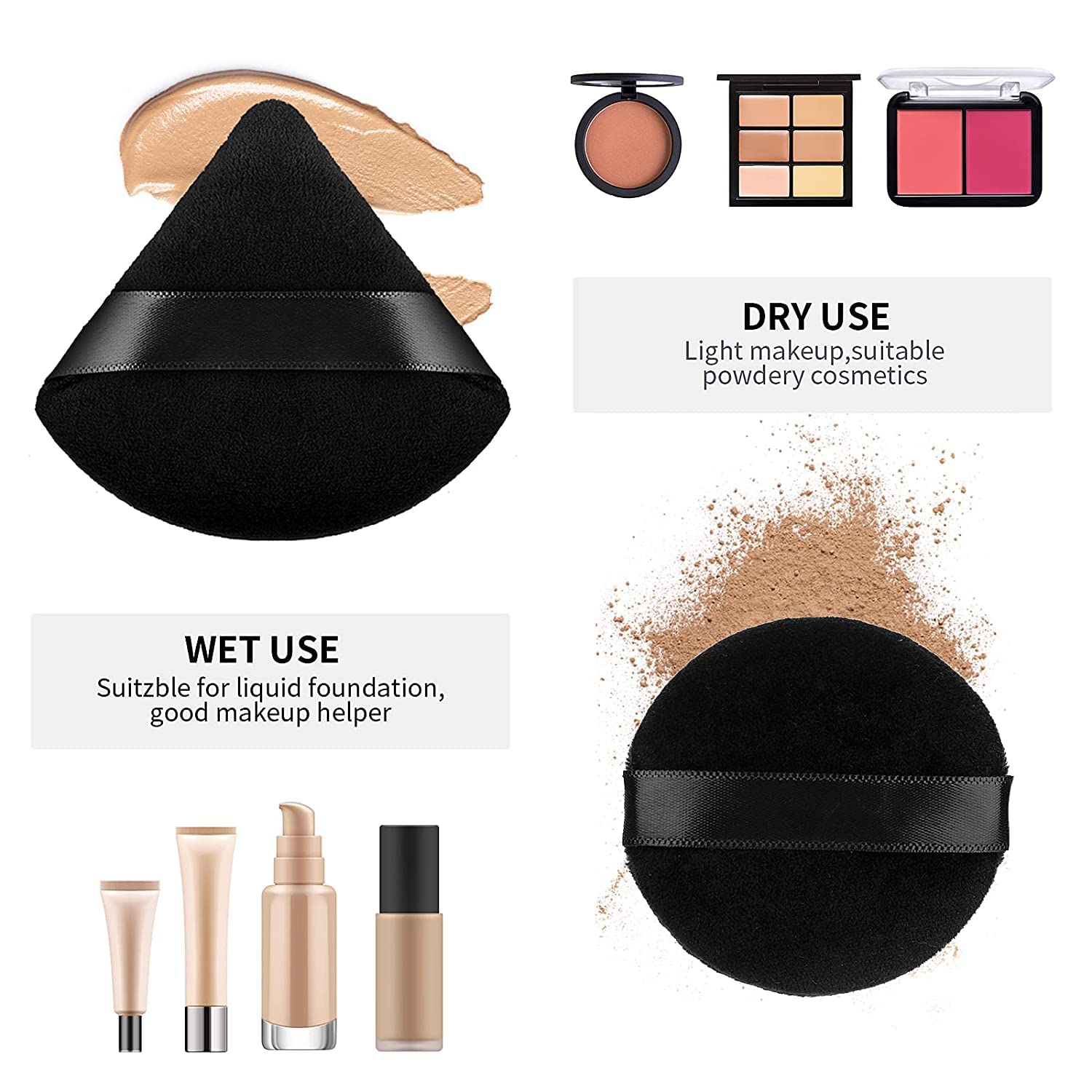COSLUXE 2-Piece Powder Puff Set - Triangle & Round Makeup Sponges for Foundation, Loose Powder | Washable, Reusable & Ultra Soft | Perfect for Face & Body Makeup Application (Wet/Dry Use) - Ideal for Daily Makeup, Travel & Professional Makeup Artists