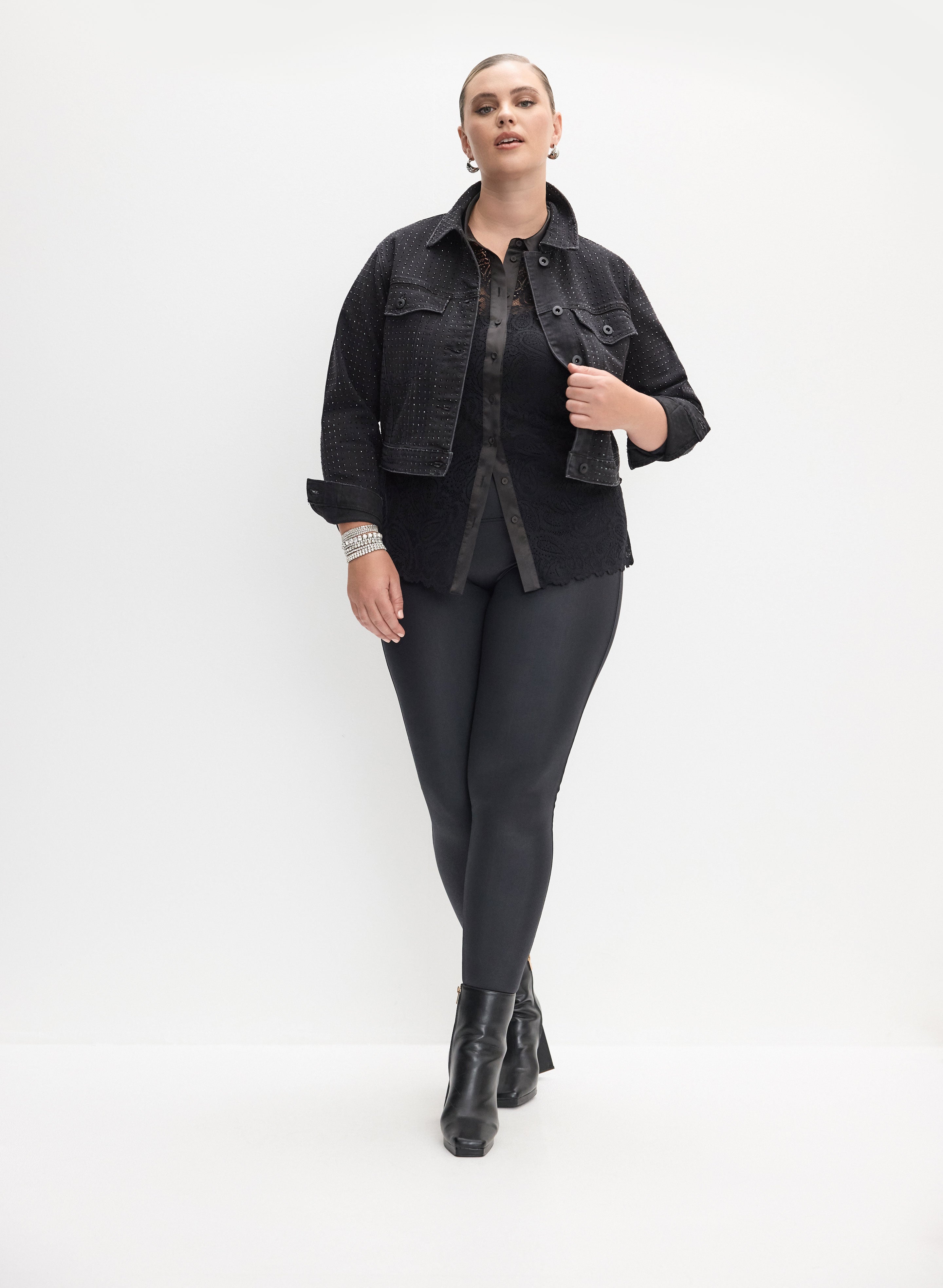 Embellished Denim Jacket, Lace Trim Shirt & Vegan Leather Leggings for Women - Stylish Outfit Set for Casual Wear, Date Night & Street Fashion