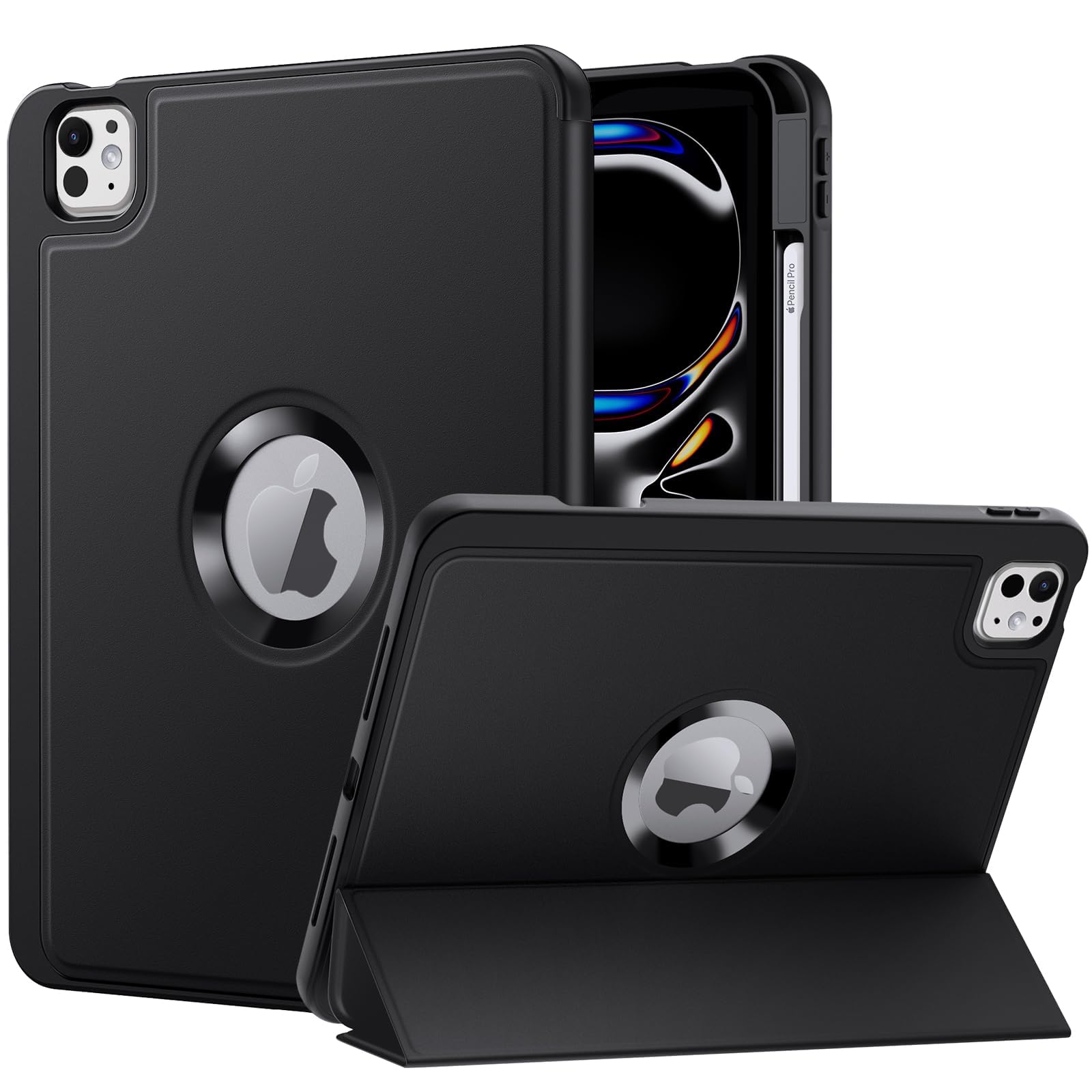 MoKo iPad Pro 11 Inch Case 2024 (5th Gen M4 Model) - Premium Protective Cover with Pencil Holder, Soft TPU Back, Auto Wake/Sleep & Hollow Logo - Perfect for Work, School & Travel - Black