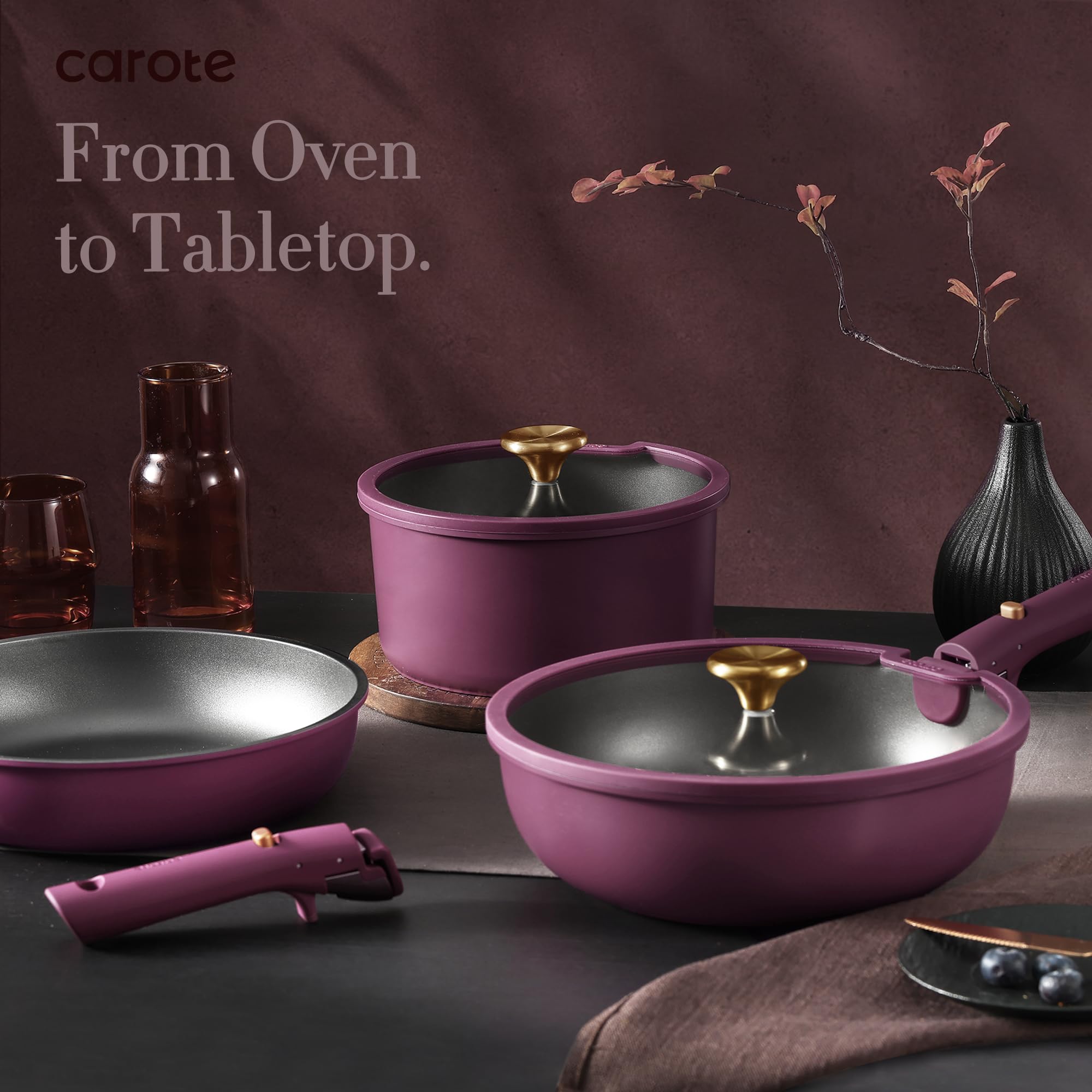 **CAROTE 19-Piece Nonstick Cookware Set with Detachable Handles - Induction Compatible, Gold & Purple - Perfect for RV, Camping & Small Kitchen Cooking**
