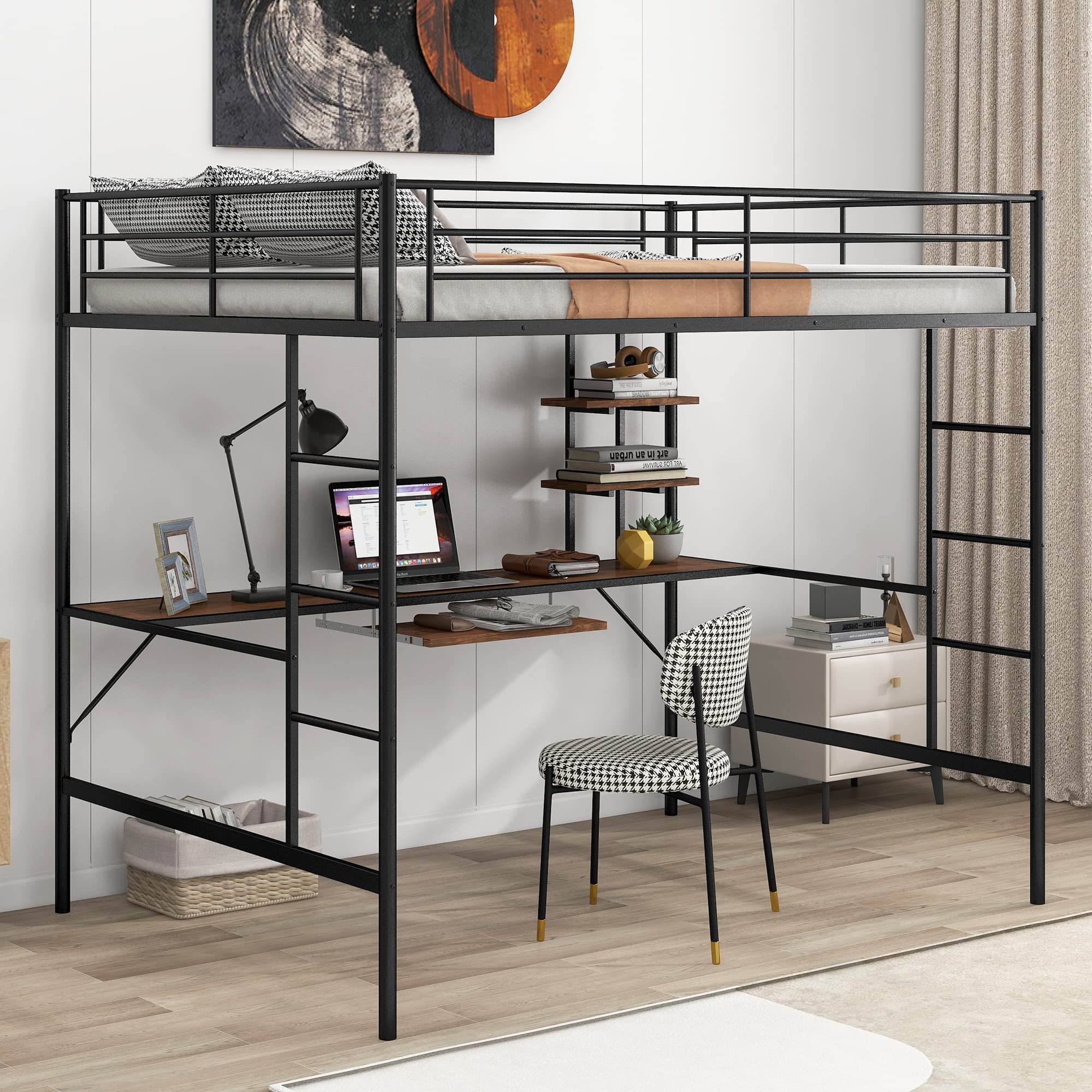 Full Size Loft Bed with Desk & Shelf - Sturdy Metal Frame, No Box Spring Needed - Black - Perfect for Small Spaces, Dorms & Home Offices
