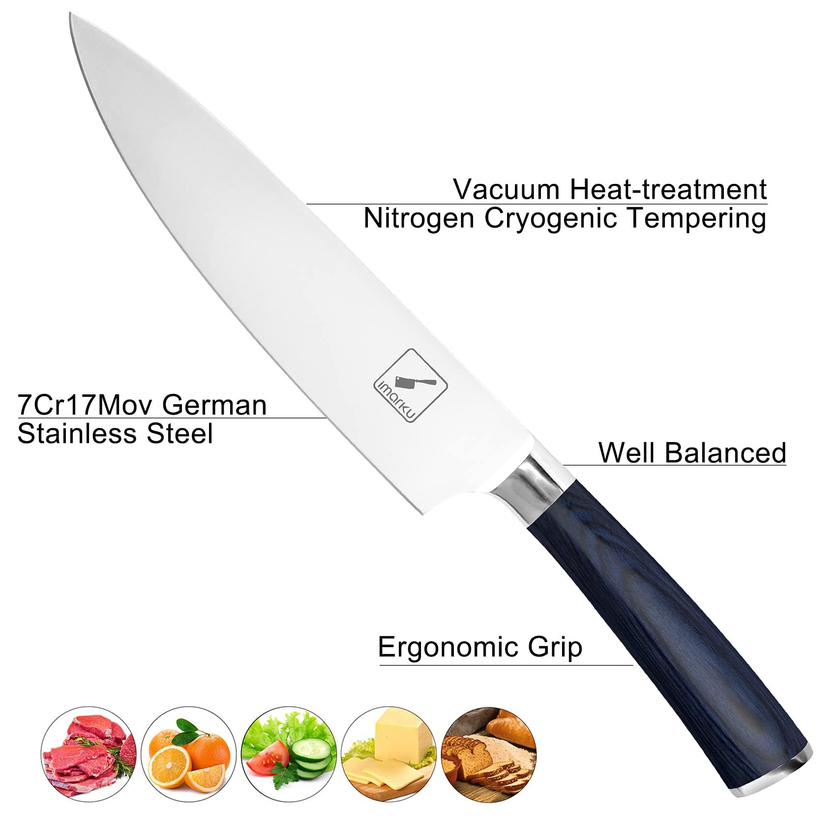 IMARKU 8 Inch Professional Chef Knife - High Carbon Stainless Steel Japanese Kitchen Knife with Ergonomic Handle | Ultra Sharp Cooking Knife for Chefs & Home Cooks | Perfect Gift for Men & Women (Blue Handle) | Ideal for Slicing, Dicing & Chopping Vegetables, Meat & Herbs