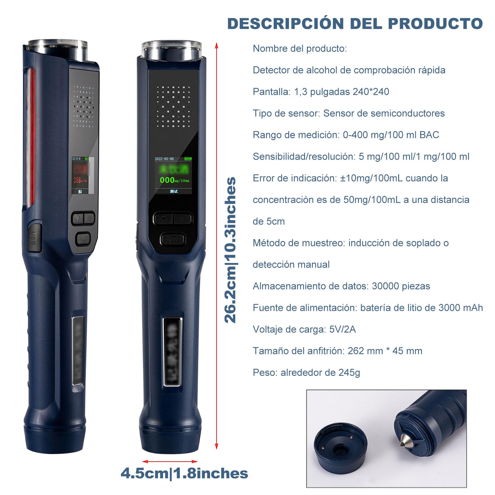 Professional Alcohol Breathalyzer - USB Rechargeable Portable Digital LCD Alcohol Tester with Contactless Quick Detection & Voice Broadcast (Blue, 26.2x4.5cm) - Perfect for Personal Safety, Workplace Testing, and DUI Prevention