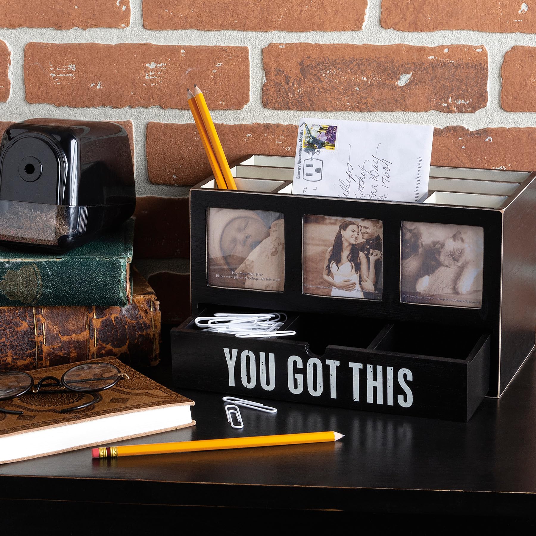 Primitives by Kathy 'You Got This' Wooden Desk Organizer with Drawer & Picture Frames - Office Decor for Home, Workstation & Gift Ideas