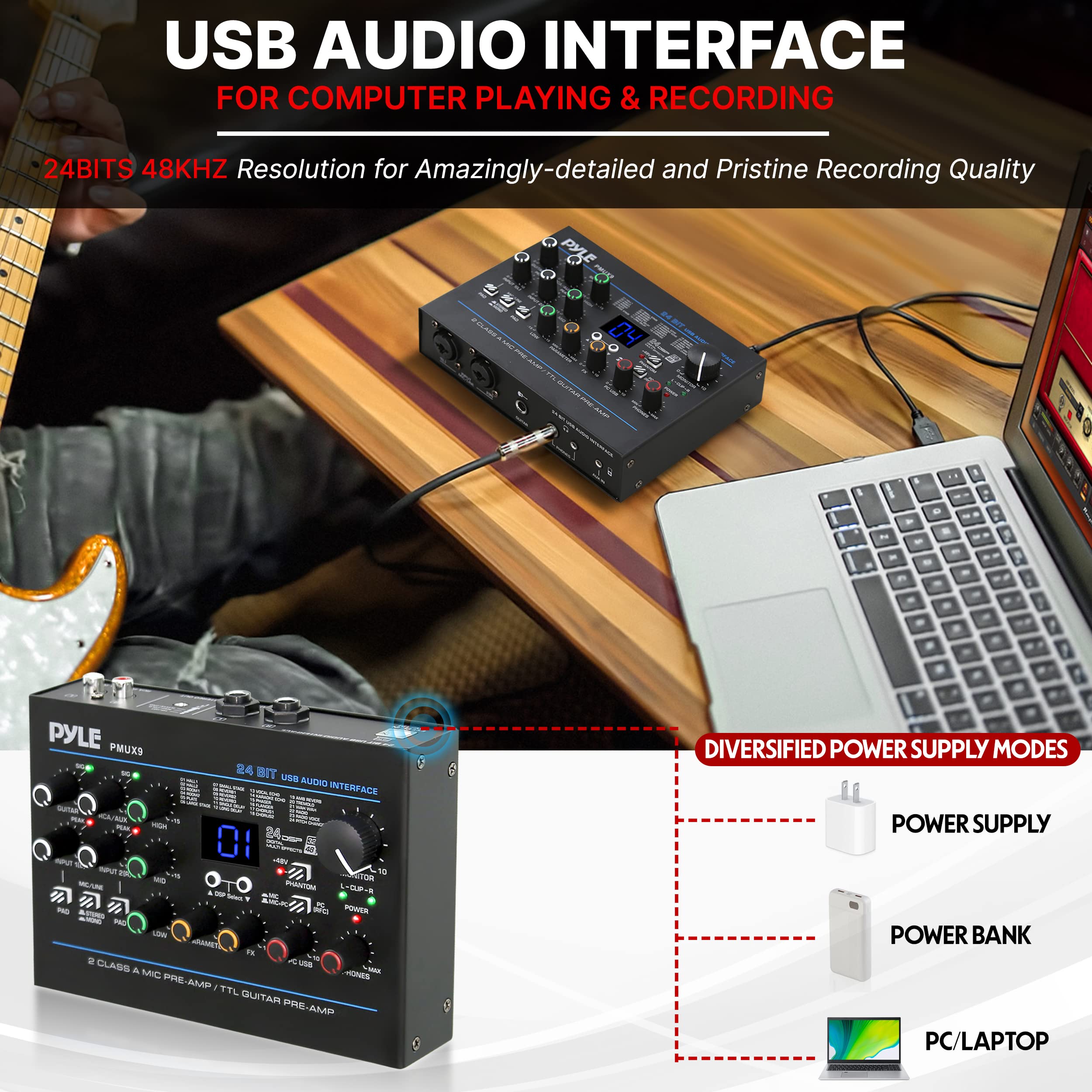 Pyle PMUX9 Professional USB Audio Interface with MIC/LINE, Guitar, AUX & RCA Inputs - 24 Digital Effects for Recording, Streaming & Podcasting - Compatible with PC, Mac, DAW Software - Perfect for Home Studio, Music Production & Live Performances