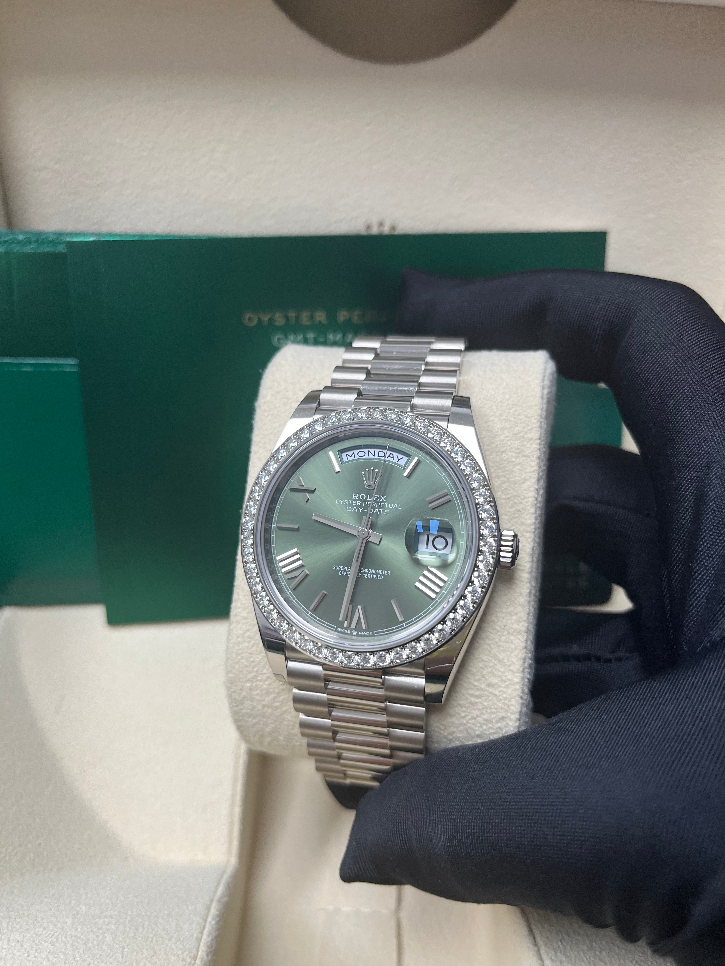 Rolex Day-Date 40mm 18K White Gold Watch with Olive Green Roman Dial & President Bracelet (Ref. 228349RBR) - Luxury Dress Watch for Business & Formal Occasions