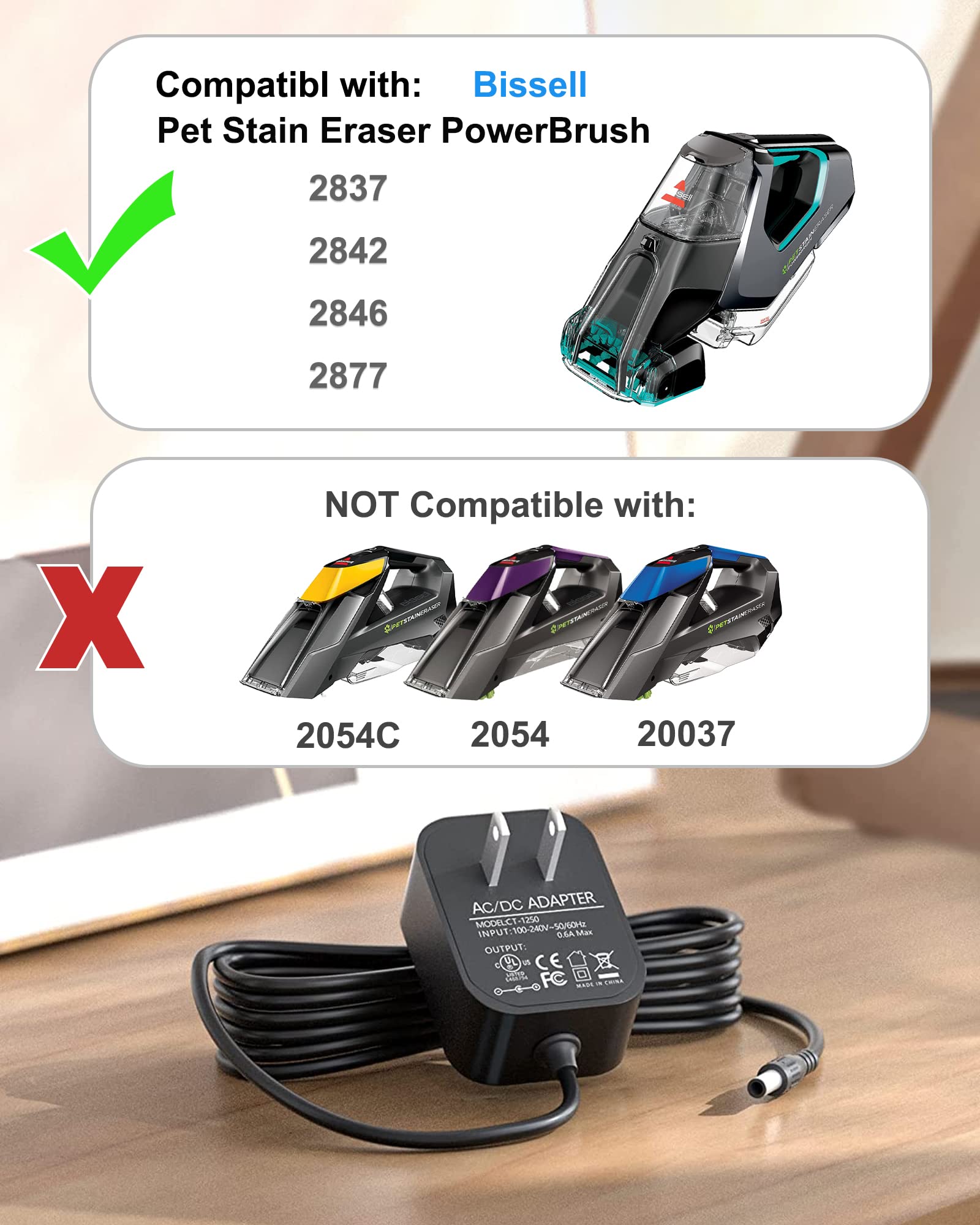 Bissell Pet Stain Eraser PowerBrush 2837 2842 2846 2877 Replacement Charger - Compatible with Bissell 1624554 Cordless Vacuum Charger Power Cord - Perfect for Home Pet Hair & Stain Cleaning