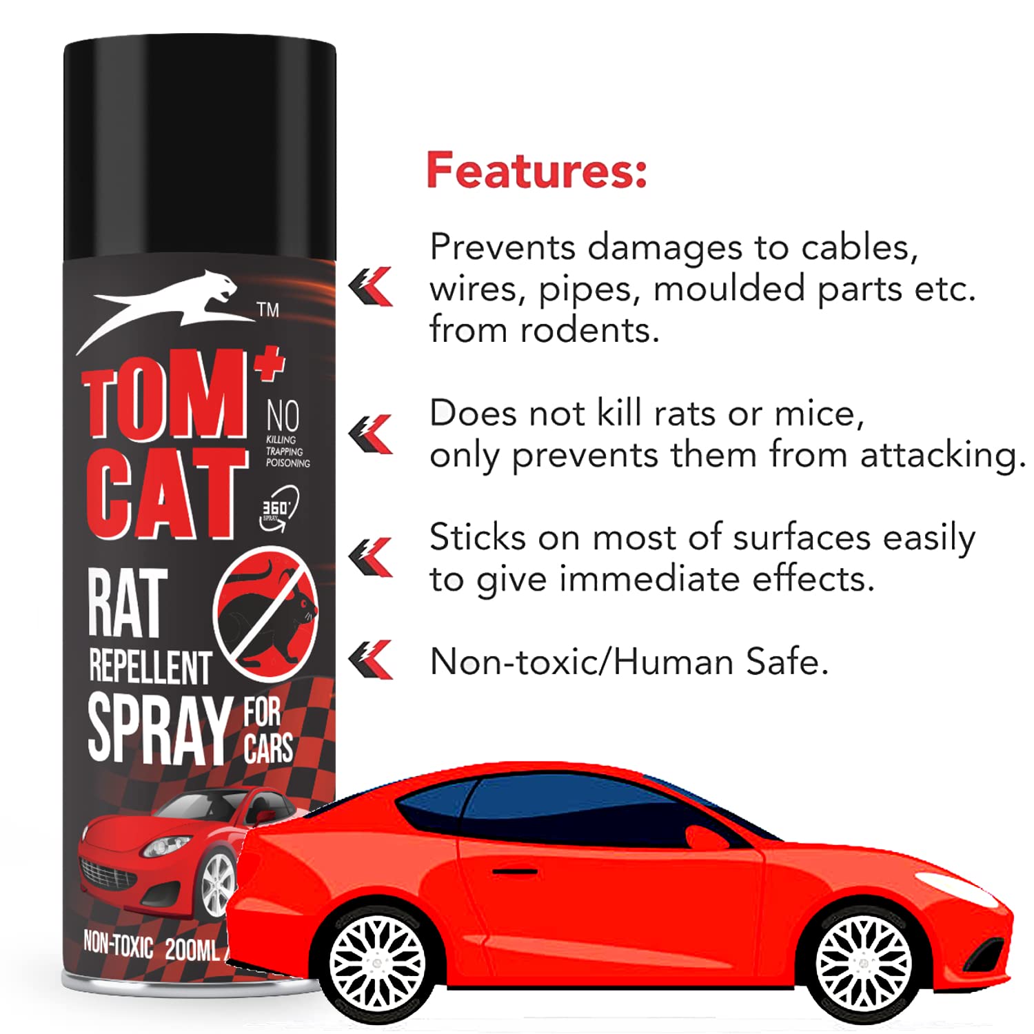 Tom Cat No Entry Rat Repellent Spray - 100ml | Non-Toxic Rodent Repellent for Cars, Trucks, Buses & Motorcycles | Protects Wires & Engine from Rats | Safe & Effective Pest Control Solution | Ideal for Garage, Parking & Outdoor Vehicle Protection | Pack of 1 (6X Formula)