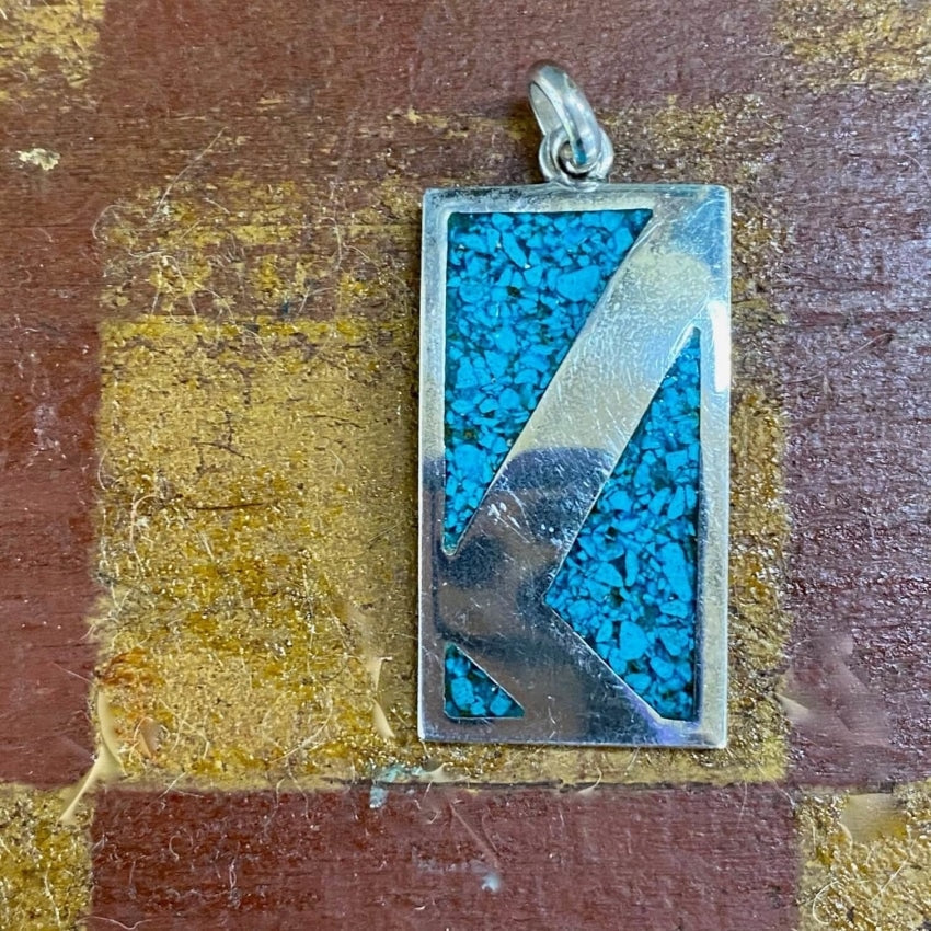 Vintage Sterling Silver Turquoise Chip Mosaic Pendant from Taxco Mexico - Handcrafted Jewelry for Boho, Southwest & Native American Style Outfits