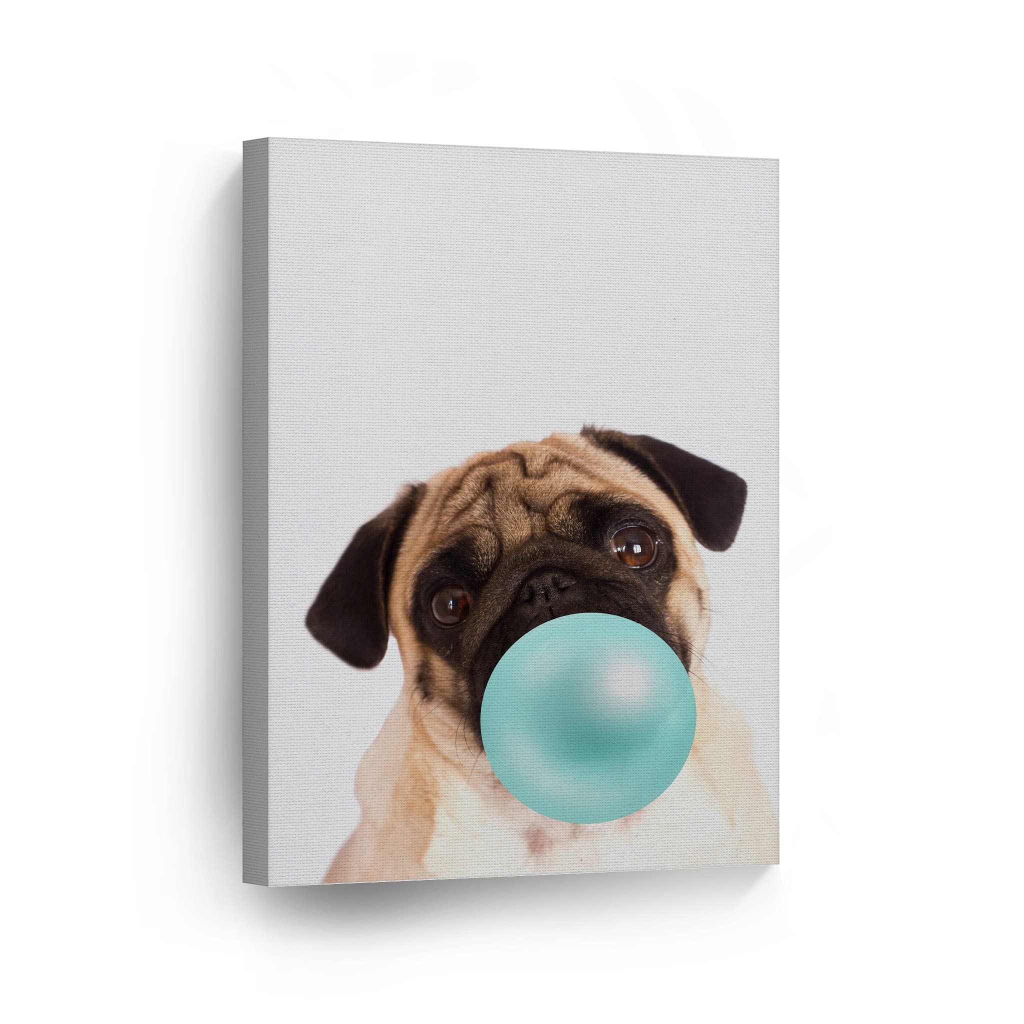 Cute Pug Dog Bubble Gum Pop Art Canvas Print - Teal Blue Wall Decor for Kids Room, Nursery & Home - Ready to Hang 22x15 - Made in USA | Perfect for Animal Lovers & Modern Interior Design