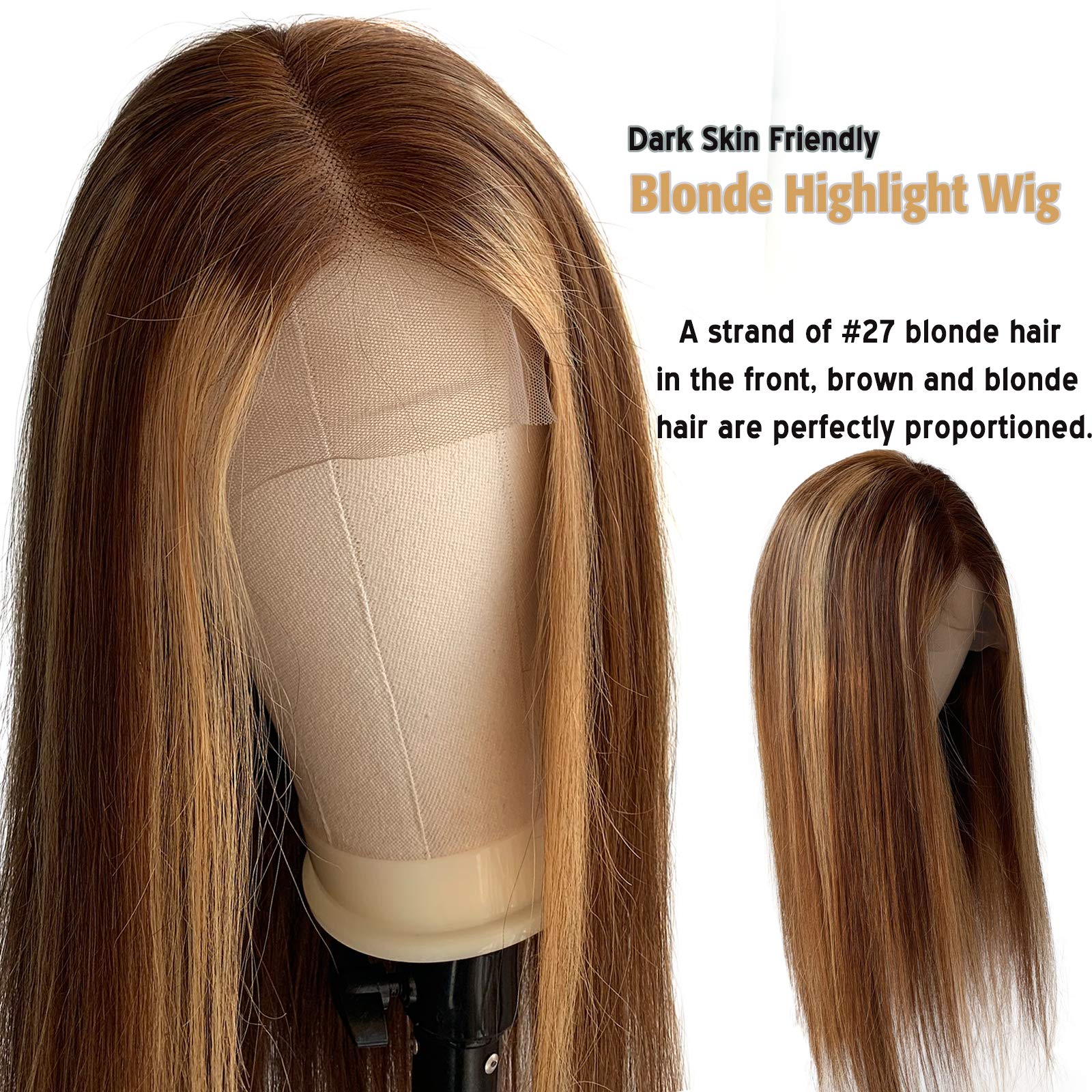 18 Inch Glueless Lace Front Wig Human Hair Straight Blonde Highlights with Brown Mixed Color 150% Density for Women | Natural Look for Daily Wear, Parties & Cosplay