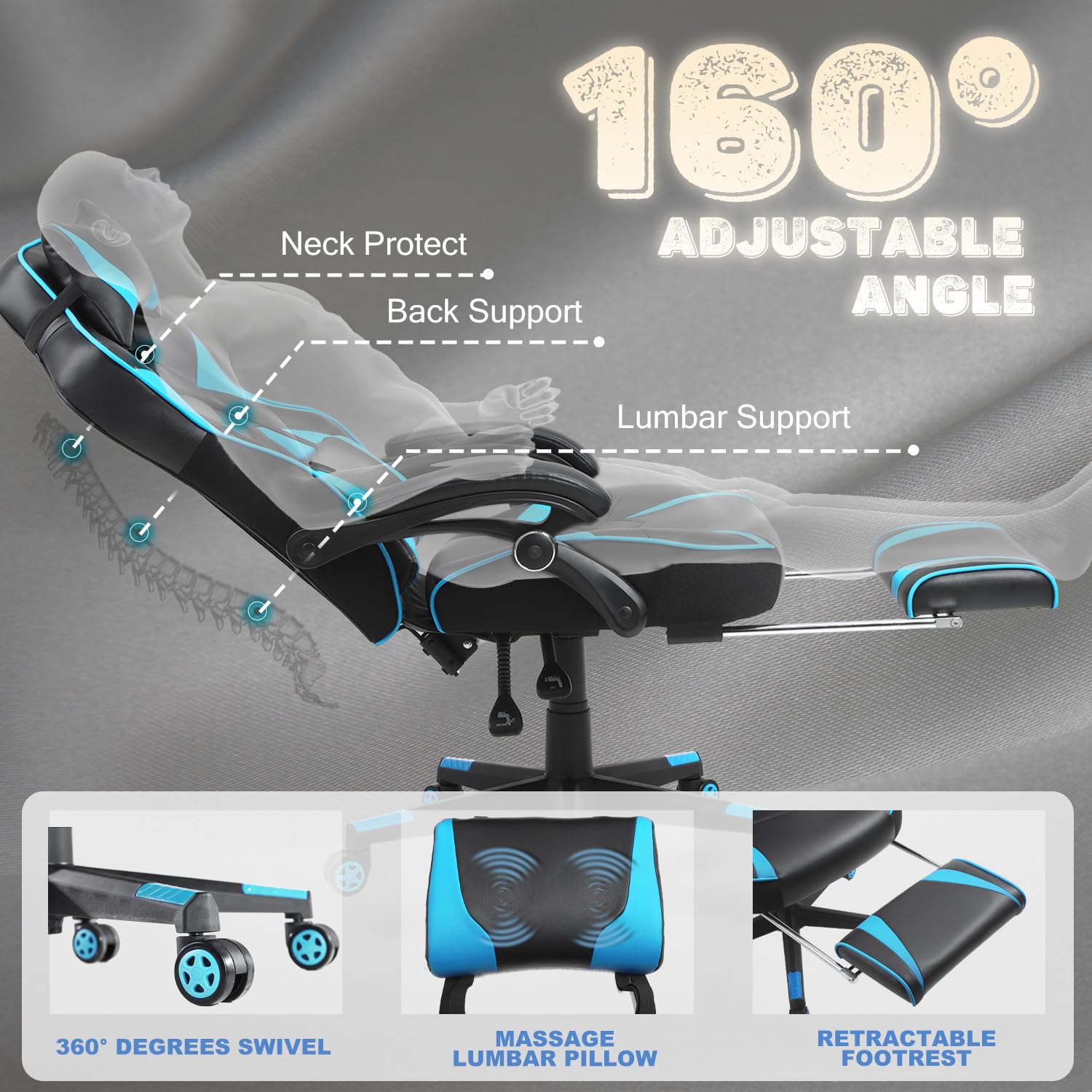 Vonesse Ergonomic Gaming Chair for Adults - High Back Computer Chair with Adjustable Footrest & Lumbar Massage, Reclining Office & Gaming Chair for Big & Tall Users (Cyan/Black) - Perfect for PC Gaming, Home Office & Esports Setup