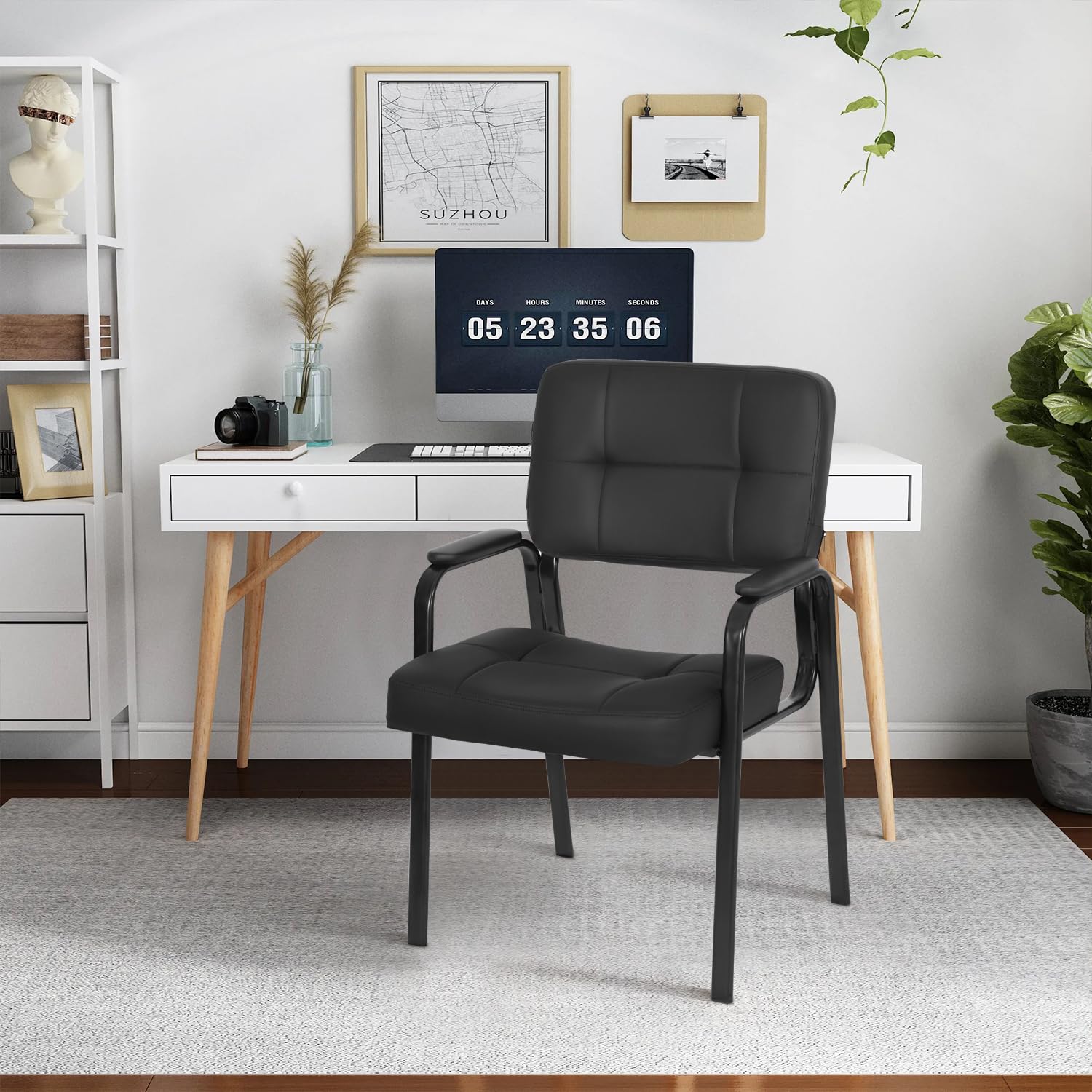 FDW Office Guest Chair - PU Leather Reception Waiting Room Chair with Padded Armrests, No Wheels, Black - Perfect for Home Office, Meeting Rooms, and Lobby Seating