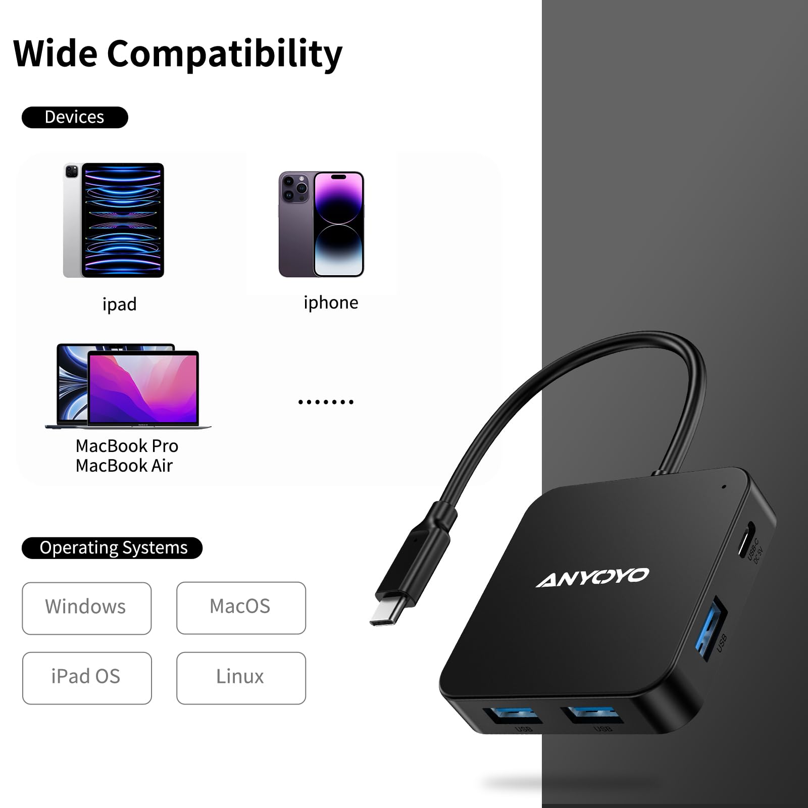 6-Port USB 3.0 Hub with 3 USB-A, 2 USB-C & 1 USB-C Power Port - High-Speed Data Transfer USB C Hub for Laptop, PC, Printer, Flash Drive - Perfect for Home Office, Gaming & Multi-Device Charging