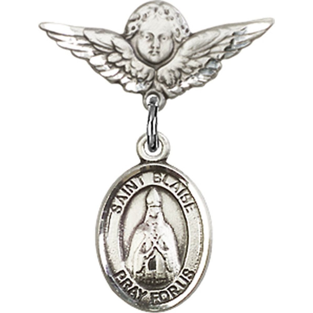 St. Blaise Charm & Angel Wing Sterling Silver Baby Badge Pin - 7/8