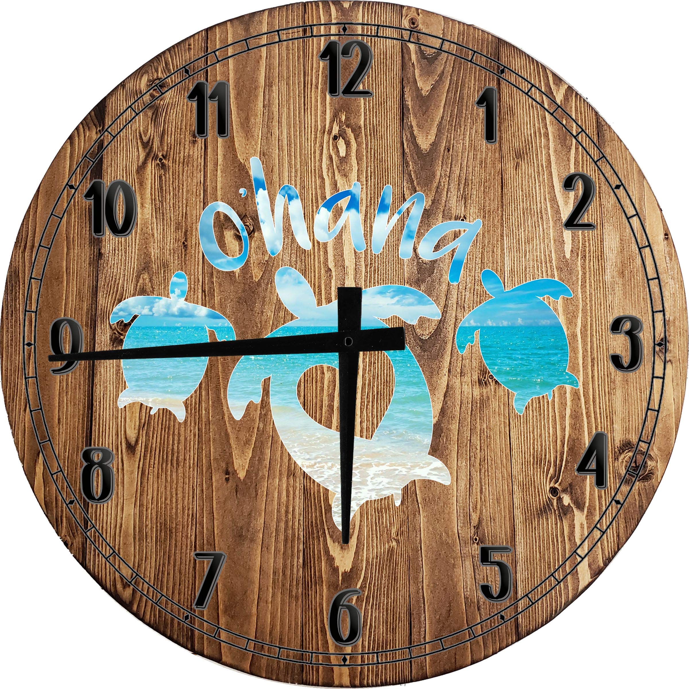 Large 18 Inch Ohana Sea Turtles Beach Ocean Wood Wall Clock - Coastal Decor for Living Room, Bedroom & Beach House