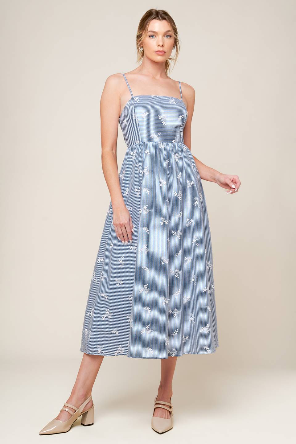 LAYTON EMBROIDERED MIDI DRESS - Blue Floral Summer Dress for Women, Perfect for Beach Vacation, Garden Party & Casual Outings