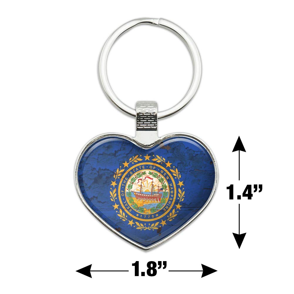 Vintage Rustic New Hampshire State Flag Keychain - Distressed USA Metal Key Ring with Heart Design - Perfect for Travel, Gifts & Patriotic Accessories