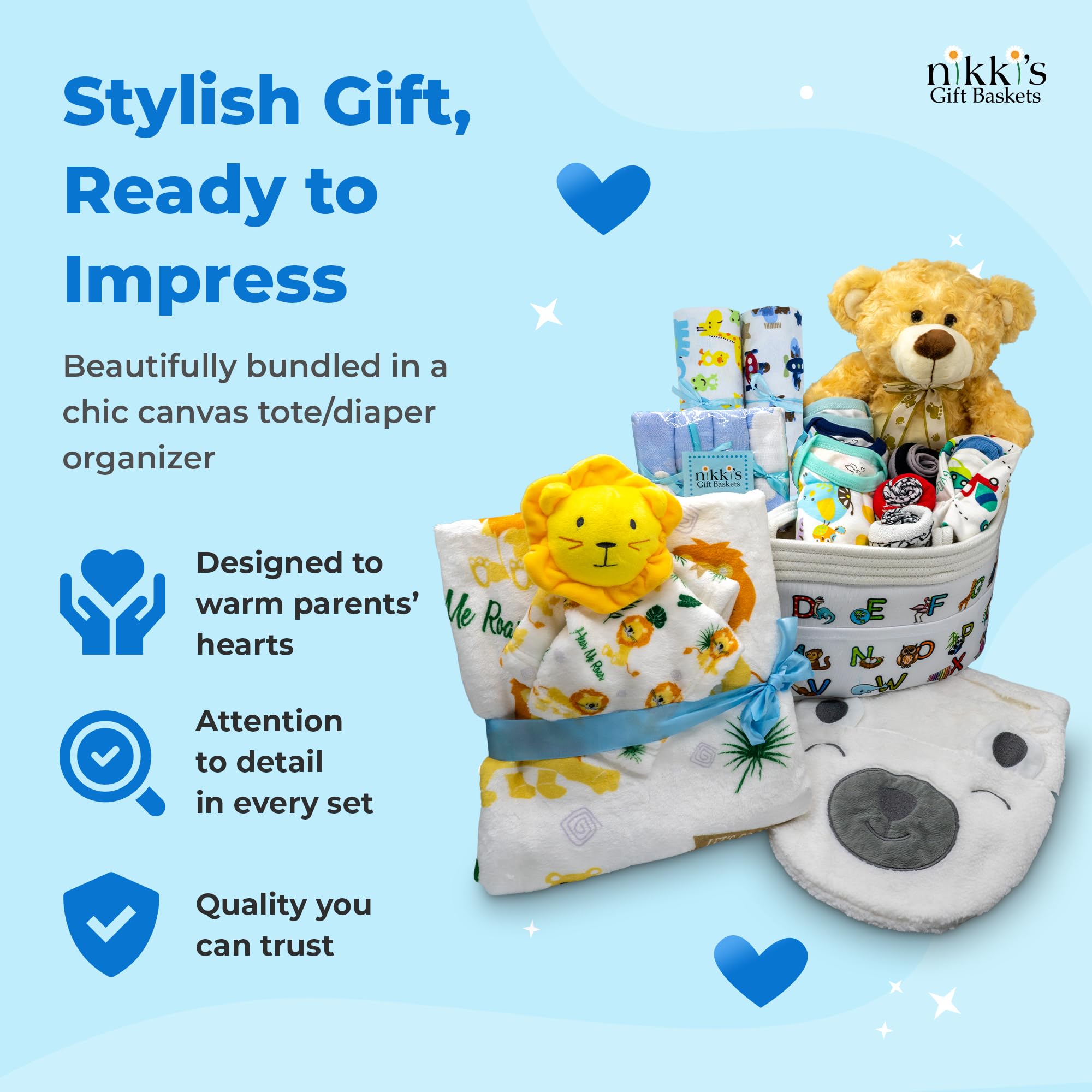 Joyful Arrival Deluxe Baby Boy Gift Basket - 20-Piece Newborn Baby Boy Gift Set | Perfect for Expecting Moms, Baby Showers & Gender Reveal Parties | Premium Blue Baby Gift Basket for Newborns by Nikki's Gift Baskets | Ideal for Hospital Welcome Gifts & First-Time Parents